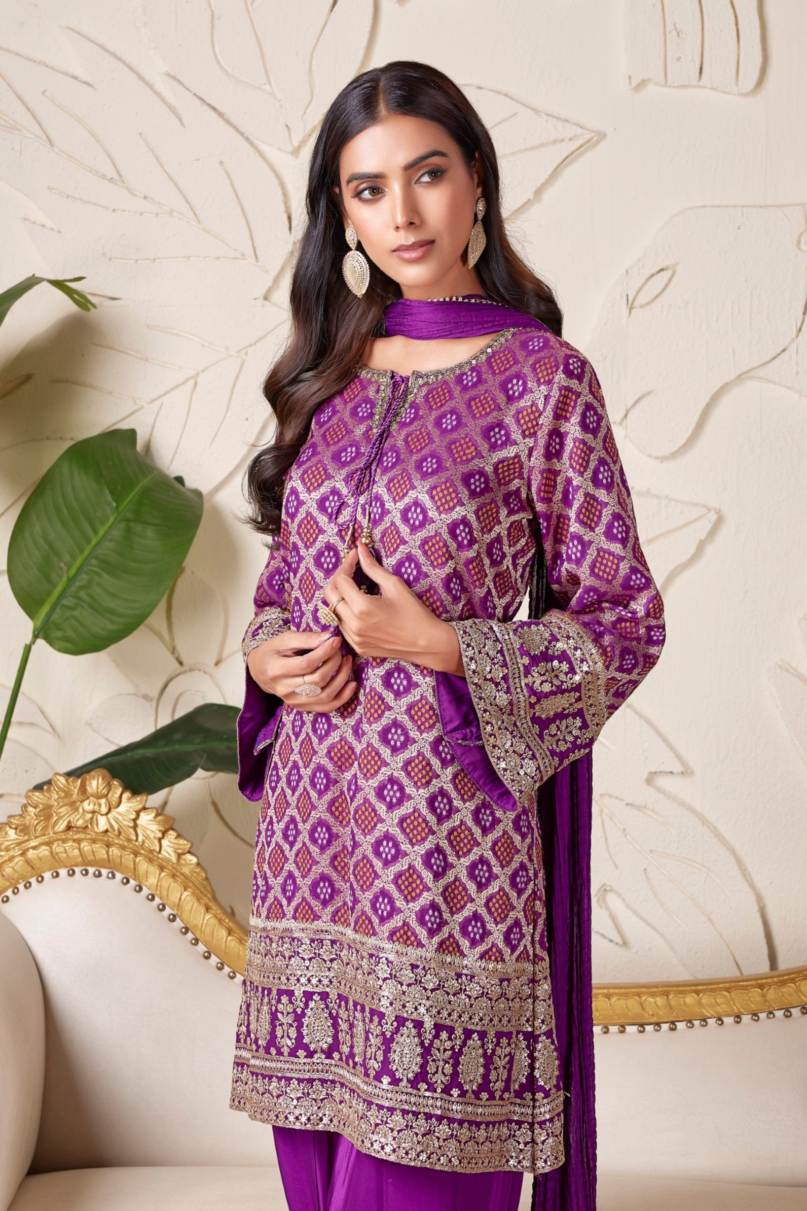 Royal Purple Embellished Brocade Banarasi Silk Dhoti Set