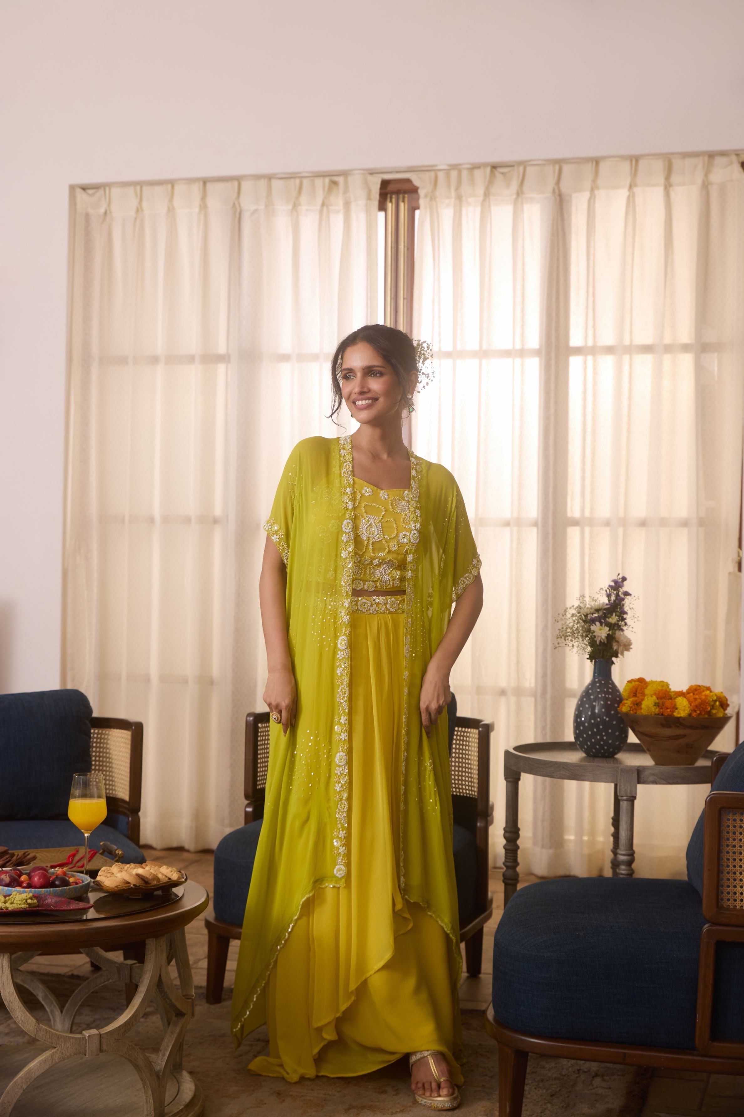 Yellow Embellished Georgette Silk Cape Set