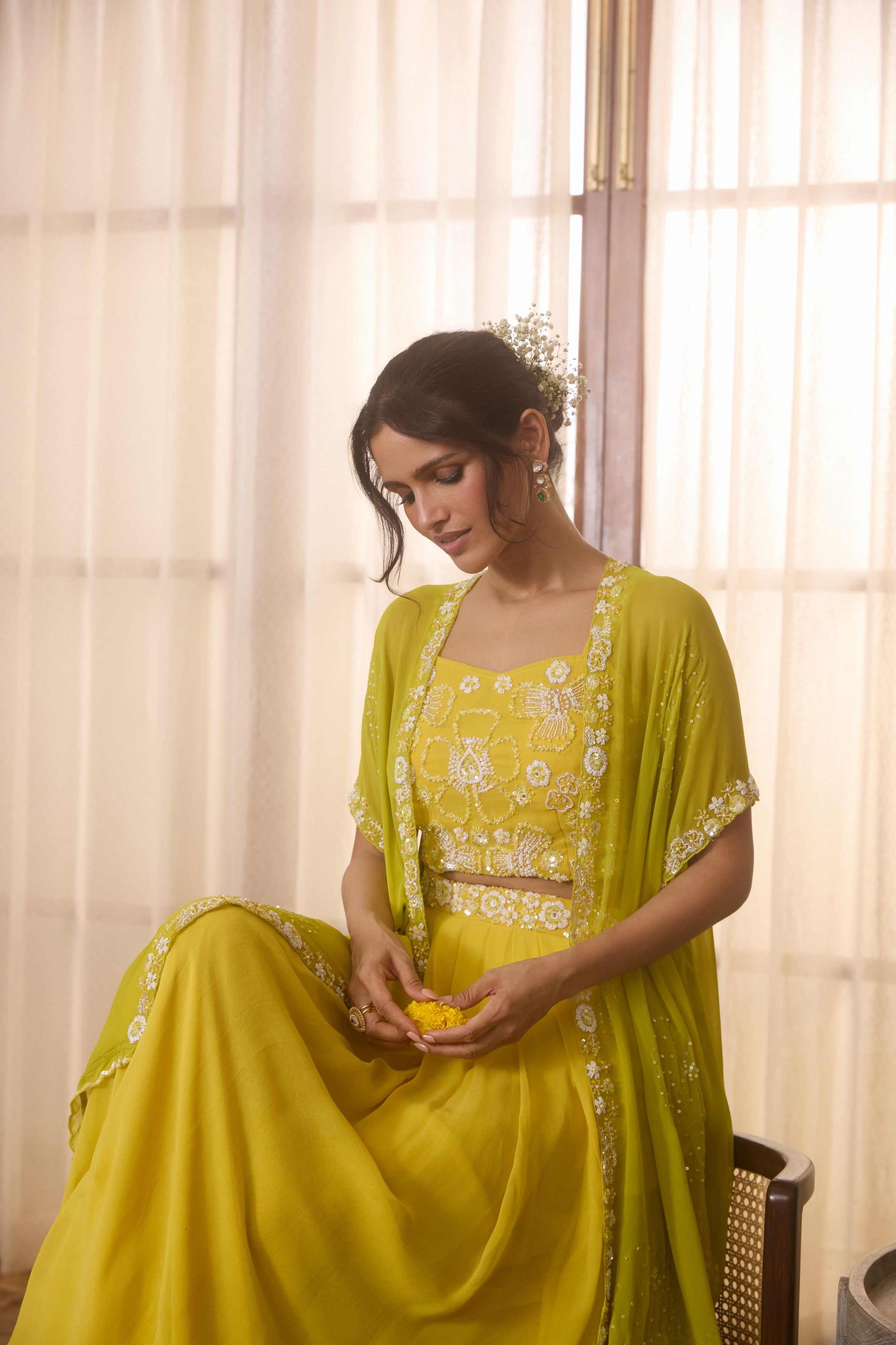 Yellow Embellished Georgette Silk Cape Set