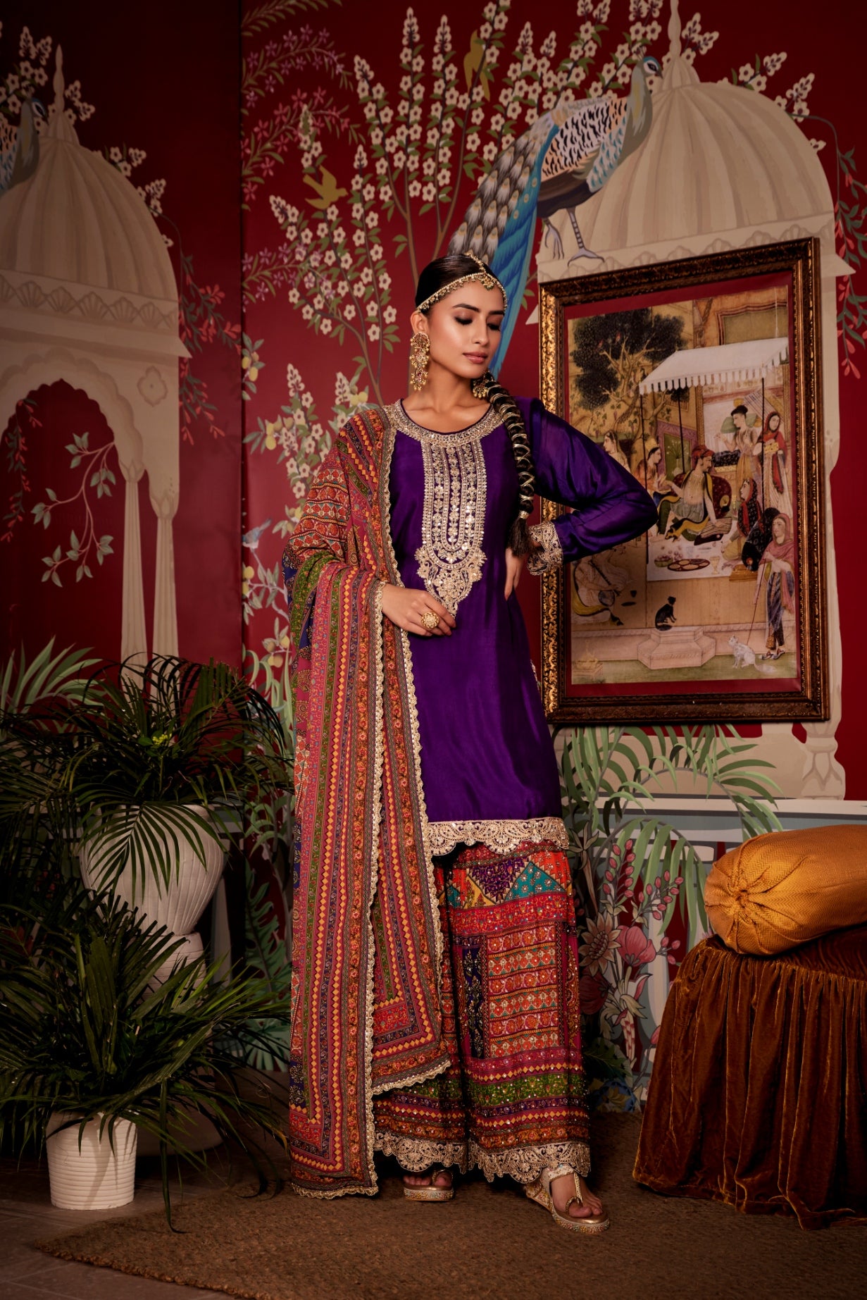 Purple Festive Moorish Silk Sharara Set