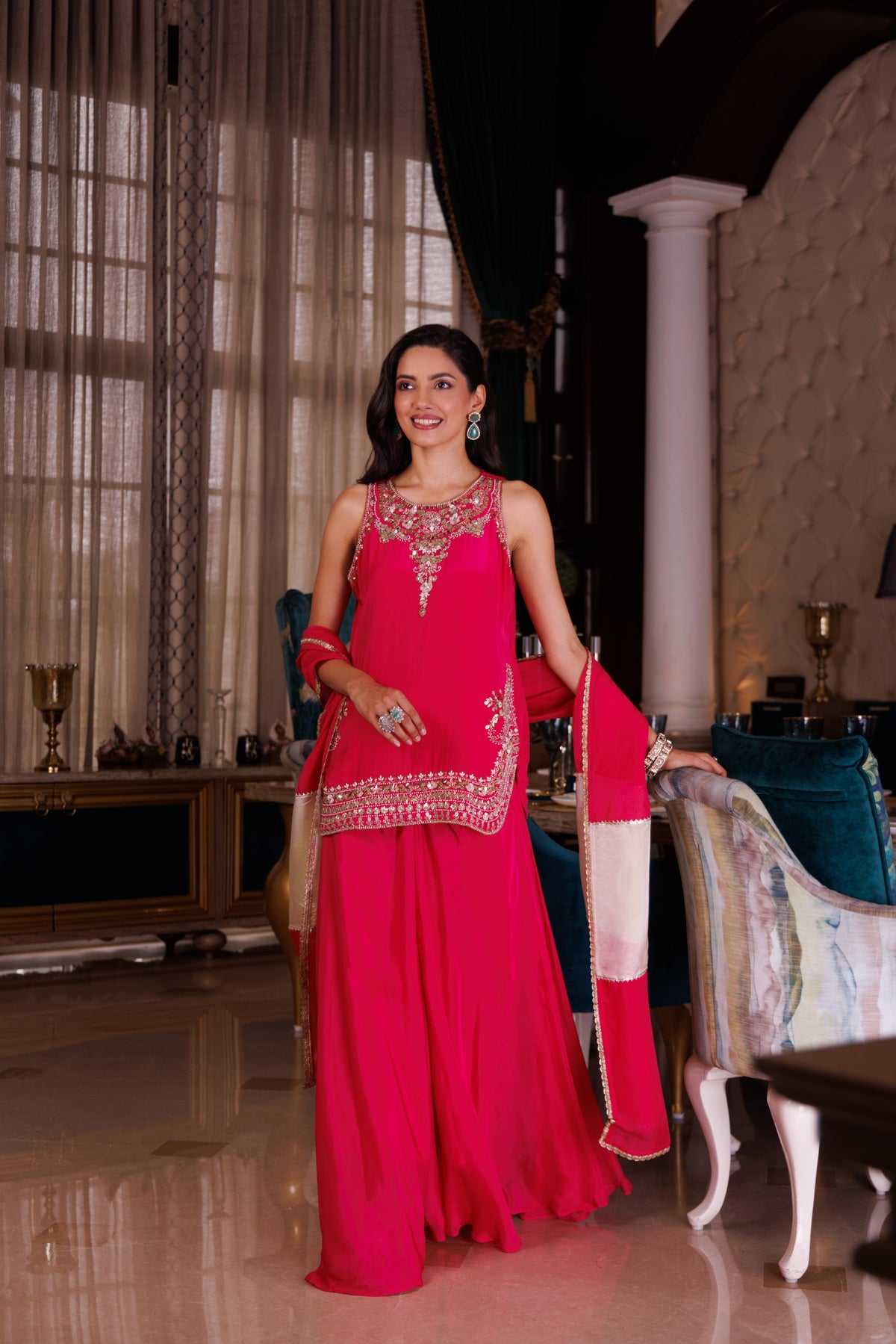 Fuchsia Pink Embellished Crepe Silk Palazzo Set