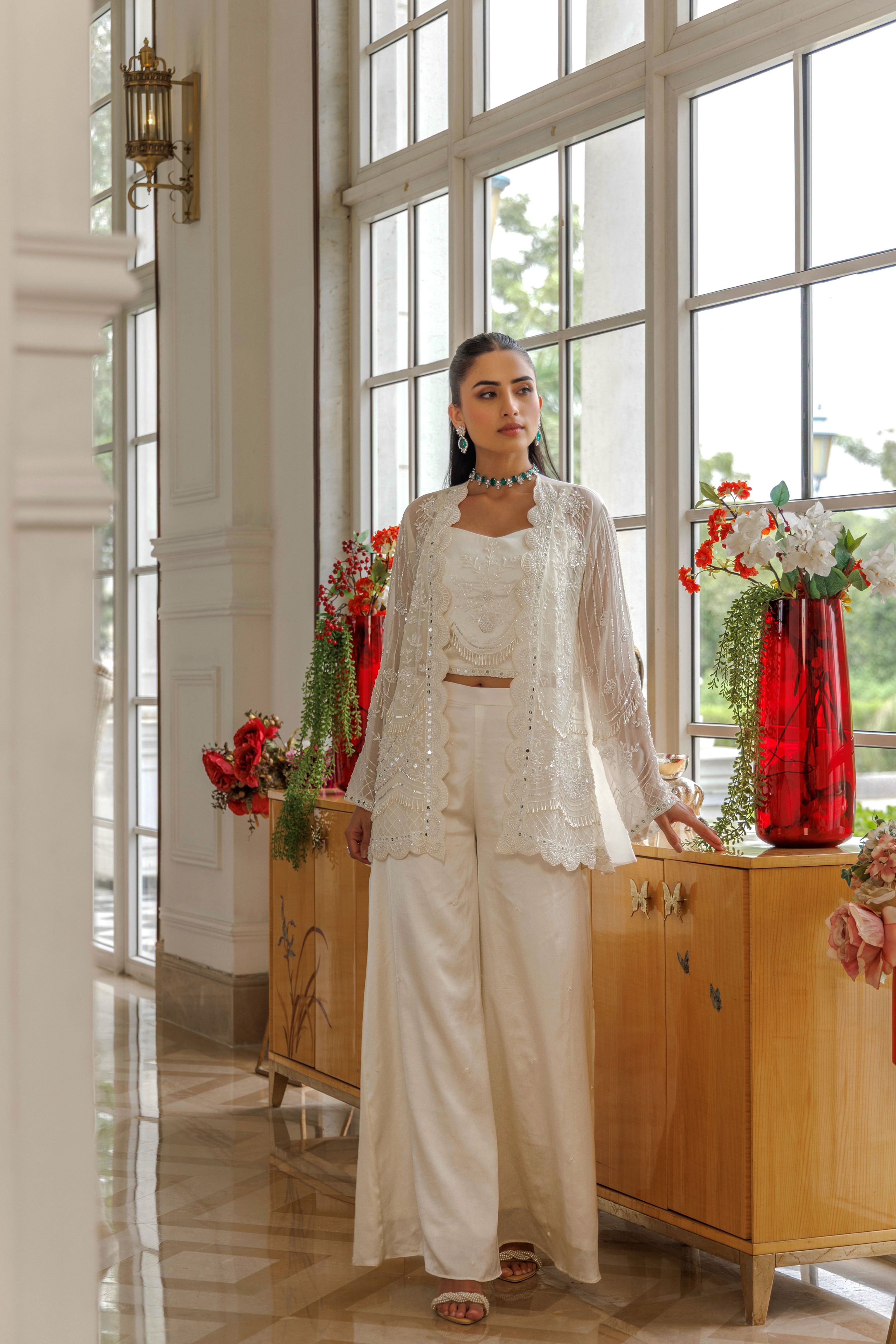 White Pearl Embellished Organza Silk Palazzo Set