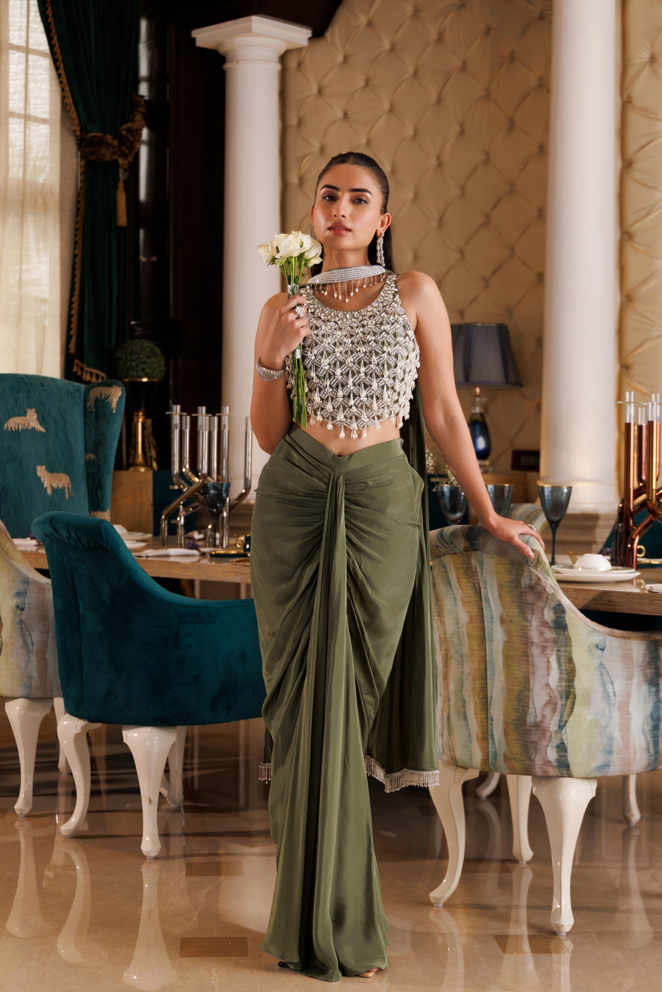 Sage Muse Embellished Crepe Silk Skirt Set