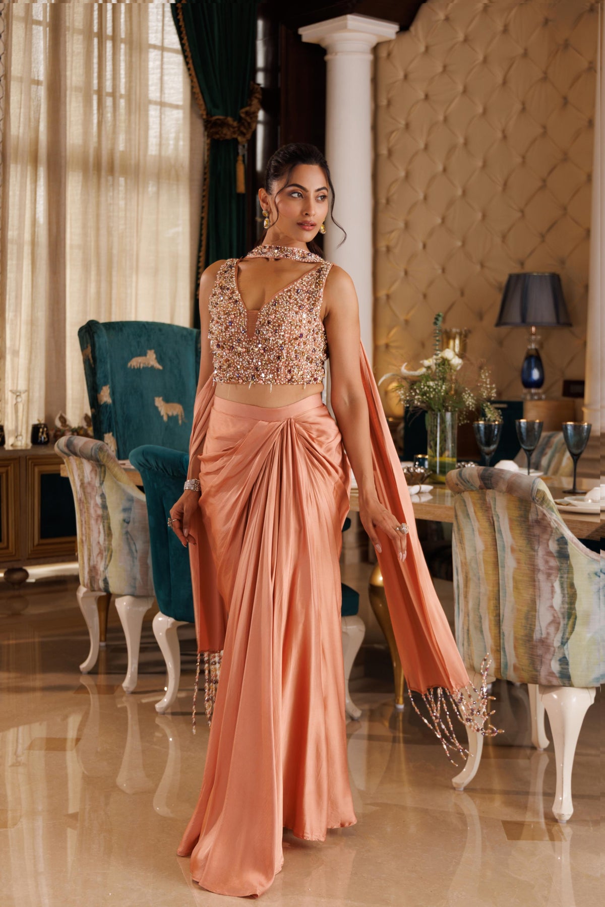 Soft Peach Embellished Crepe Satin Silk Skirt Set