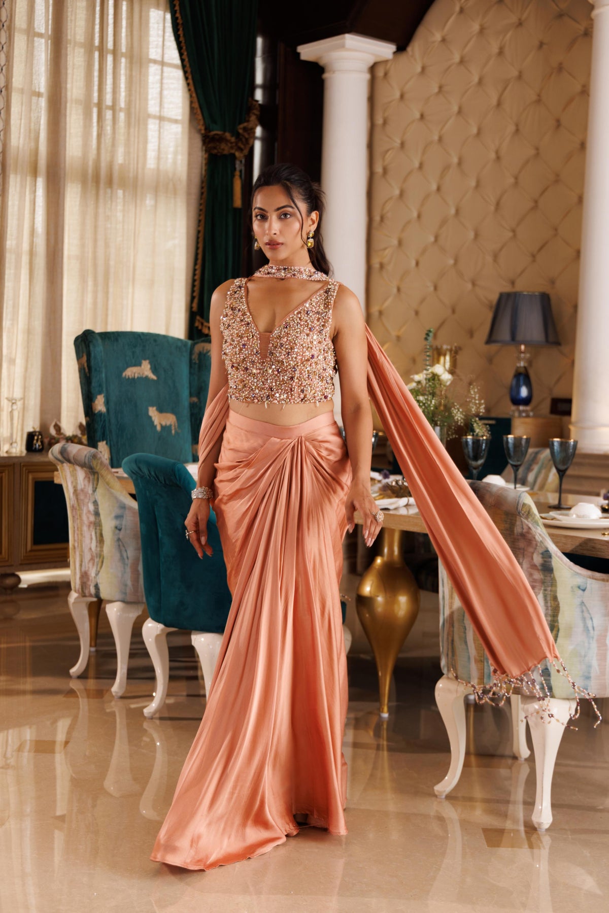 Soft Peach Embellished Crepe Satin Silk Skirt Set
