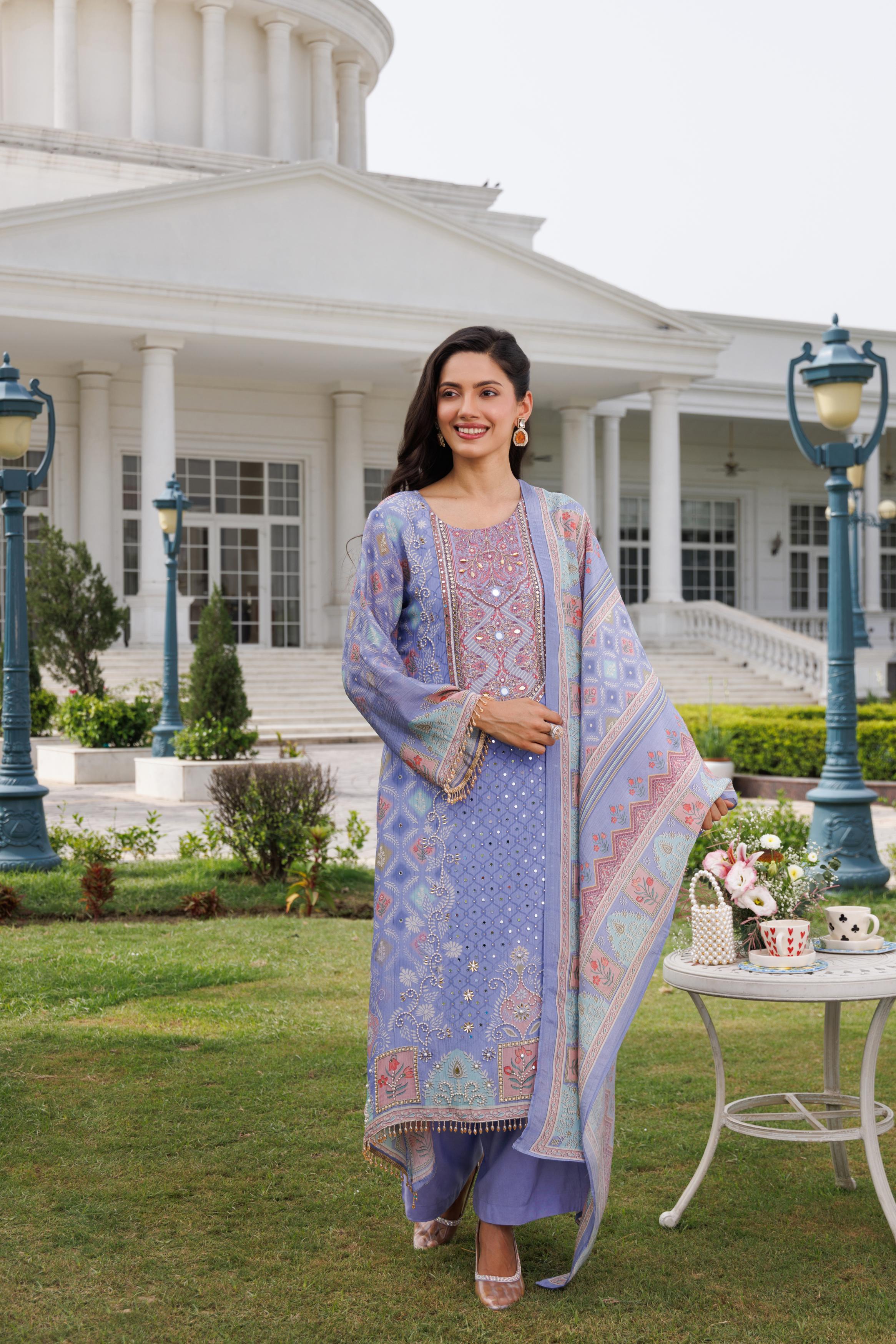 Lavender Blue Embellished Shimmer Silk Palazzo Set
