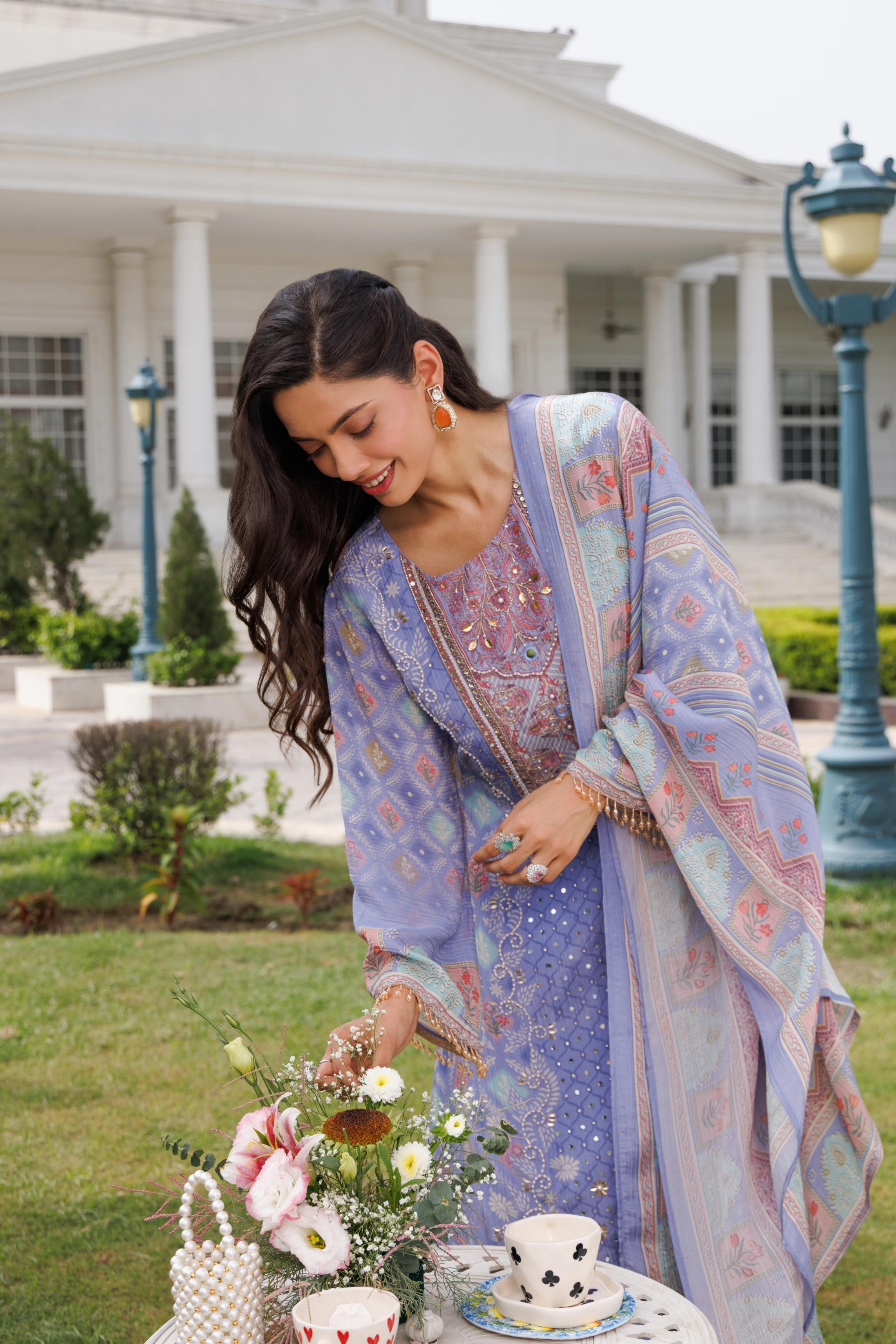 Lavender Blue Embellished Shimmer Silk Palazzo Set