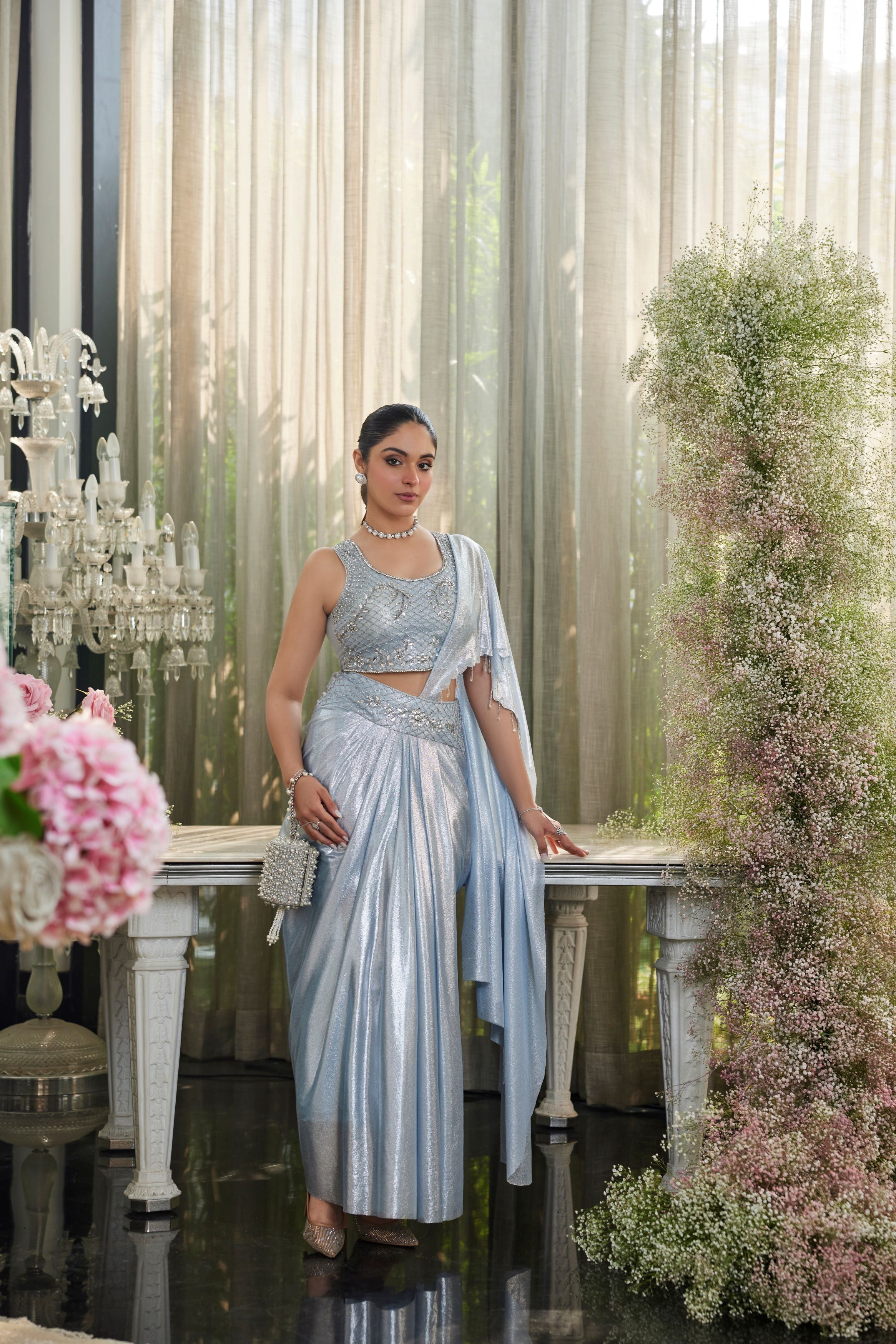 Ice Blue Embellished Shimmer Lycra Silk Skirt Set