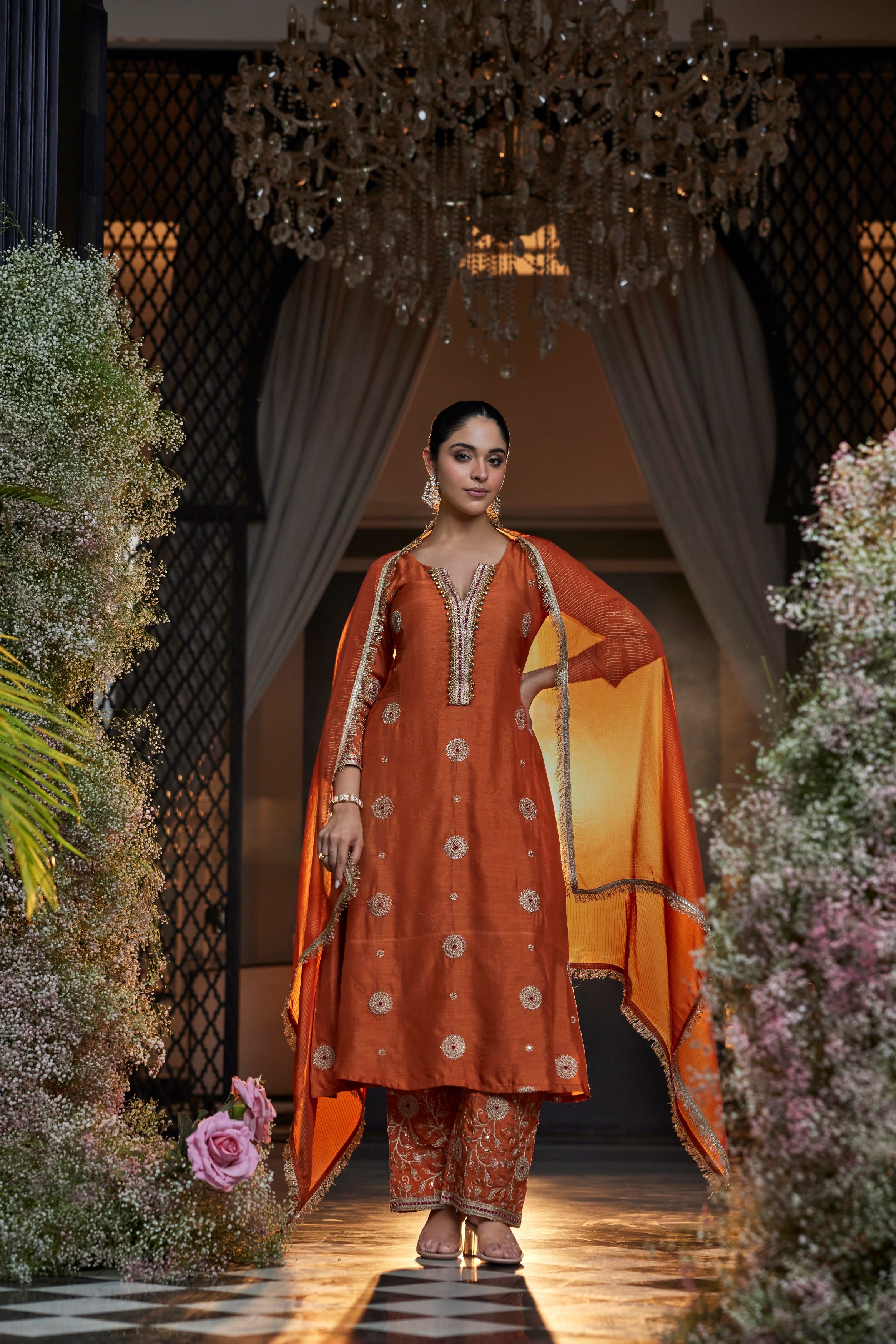 Rust Orange Embellished Raw Silk Pant Set