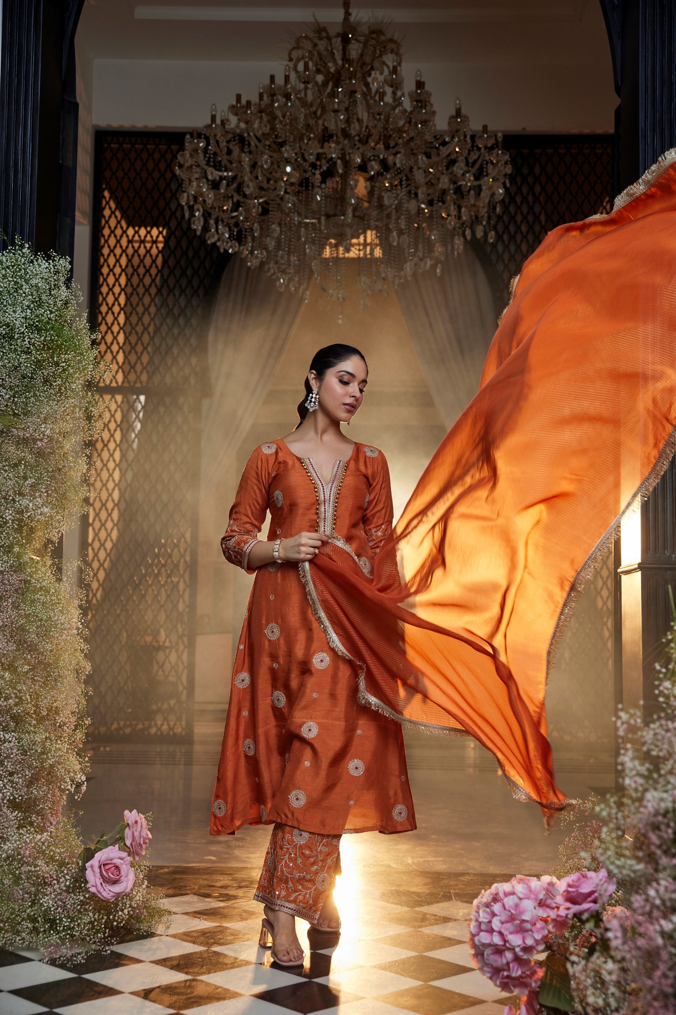 Rust Orange Embellished Raw Silk Pant Set