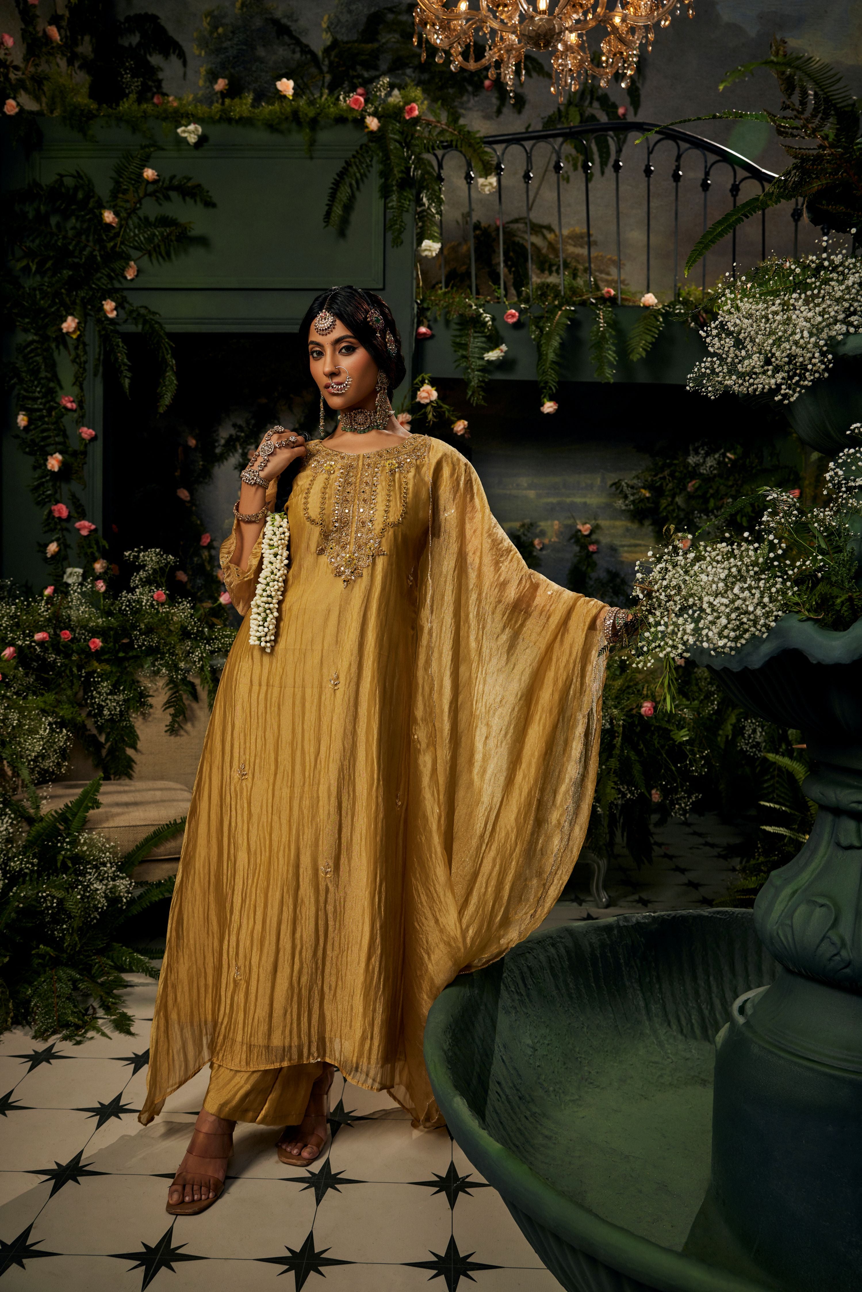 Golden Yellow Embellished Shimmer Tissue Palazzo Set