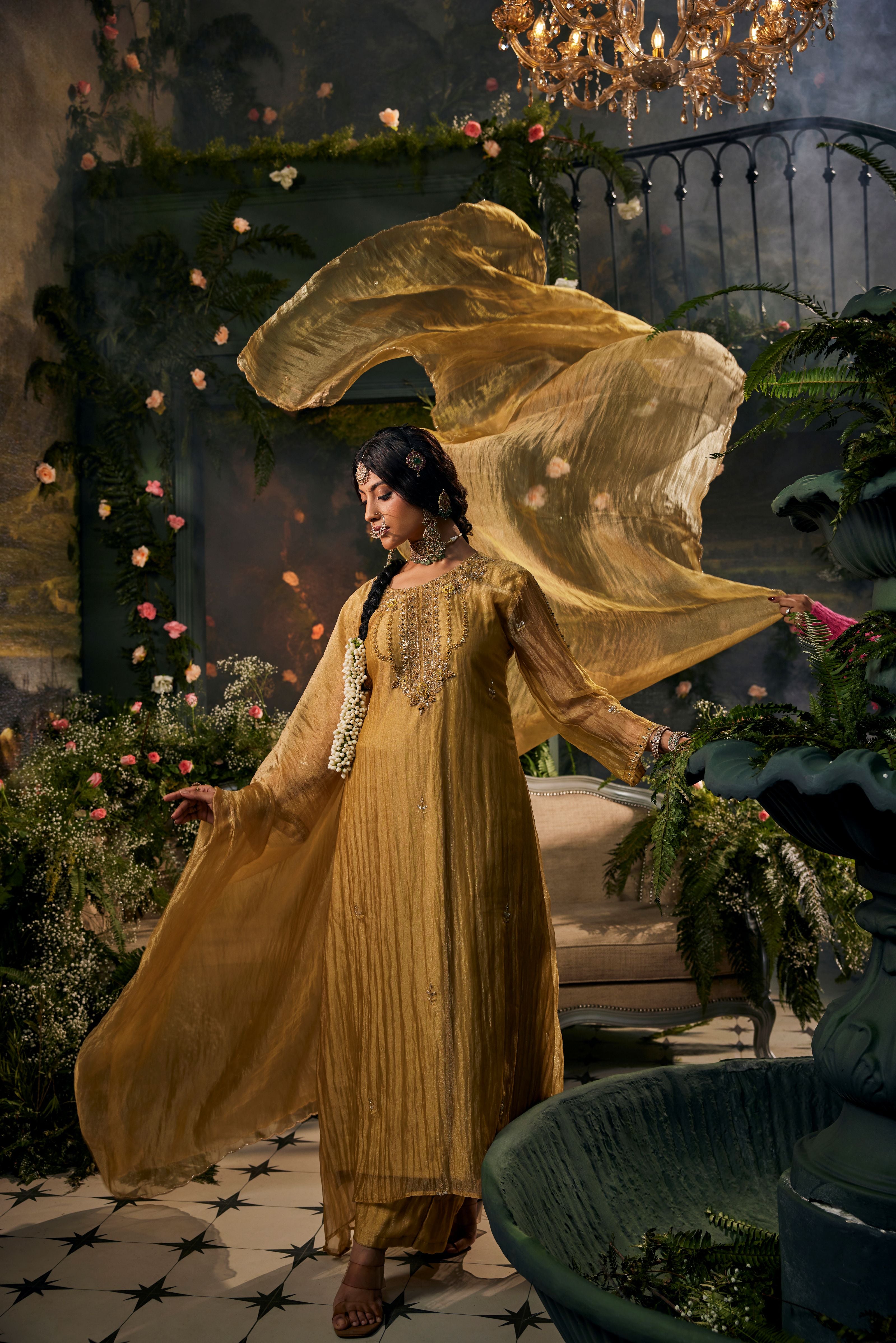 Golden Yellow Embellished Shimmer Tissue Palazzo Set