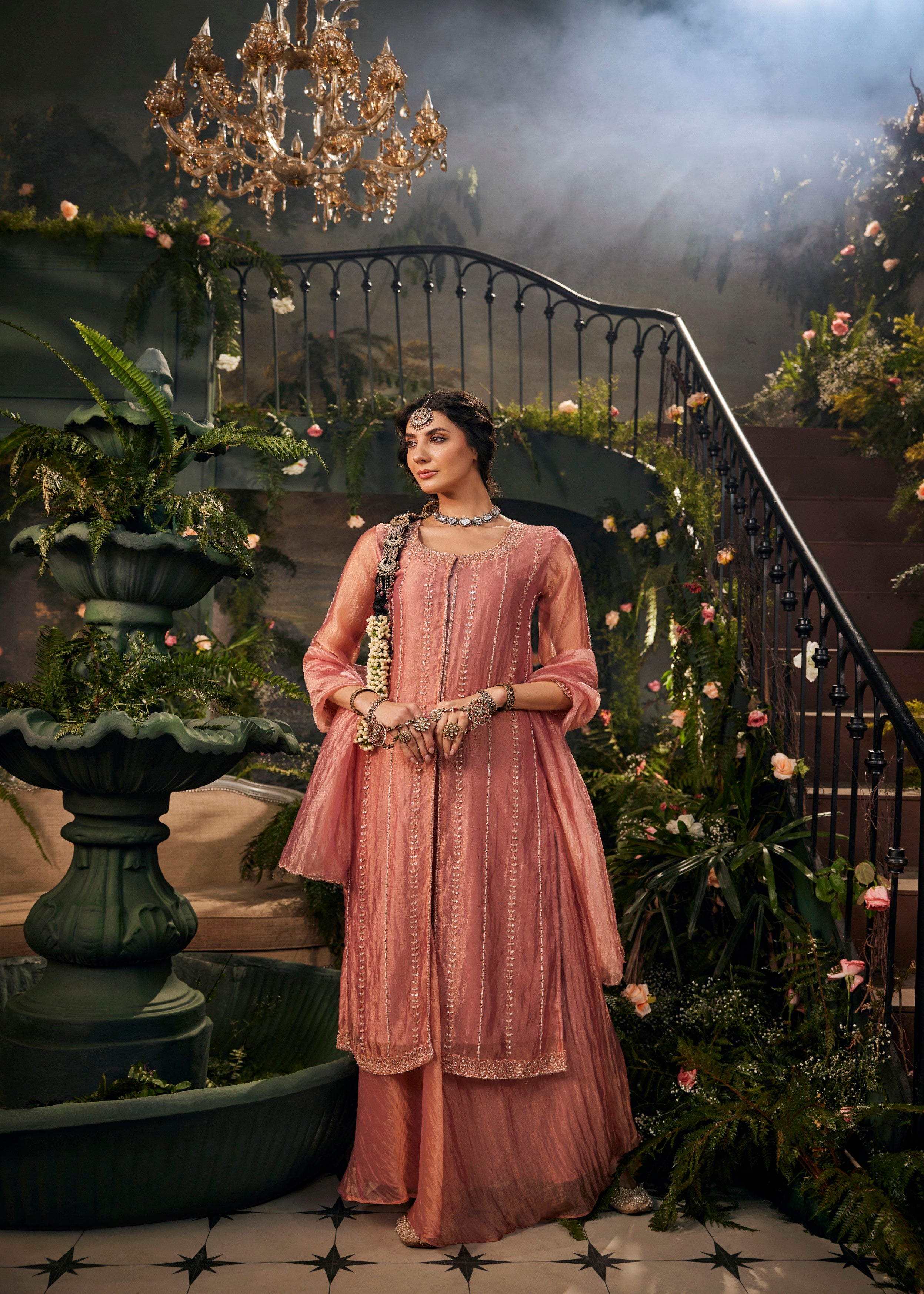 Peach Embellished Shimmer Tissue Silk Skirt Set