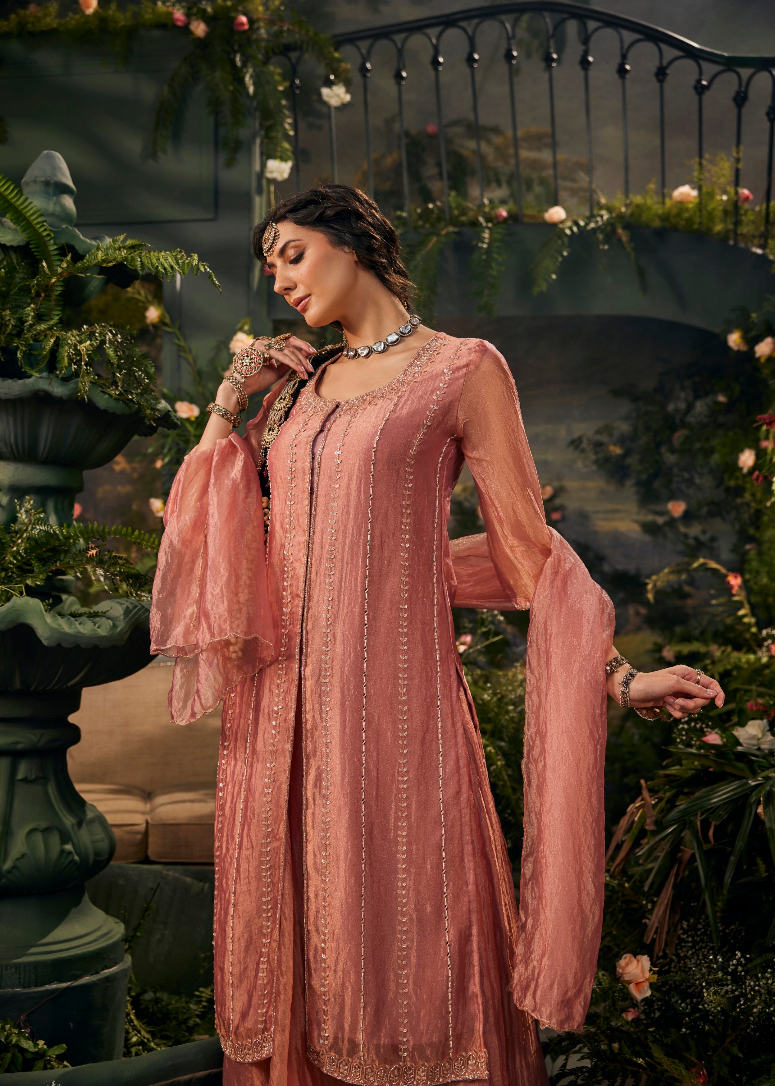 Peach Embellished Shimmer Tissue Silk Skirt Set