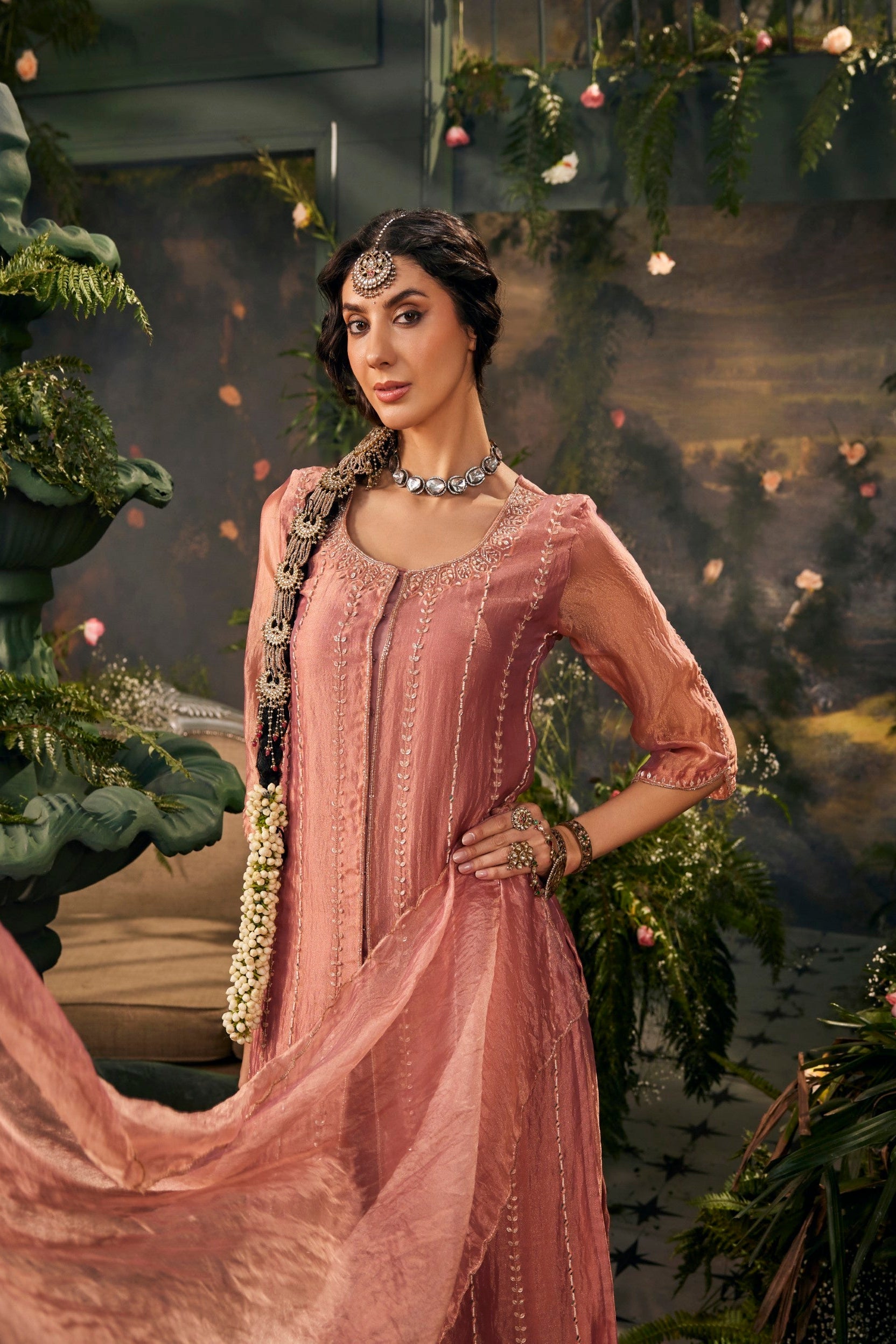 Peach Embellished Shimmer Tissue Silk Skirt Set