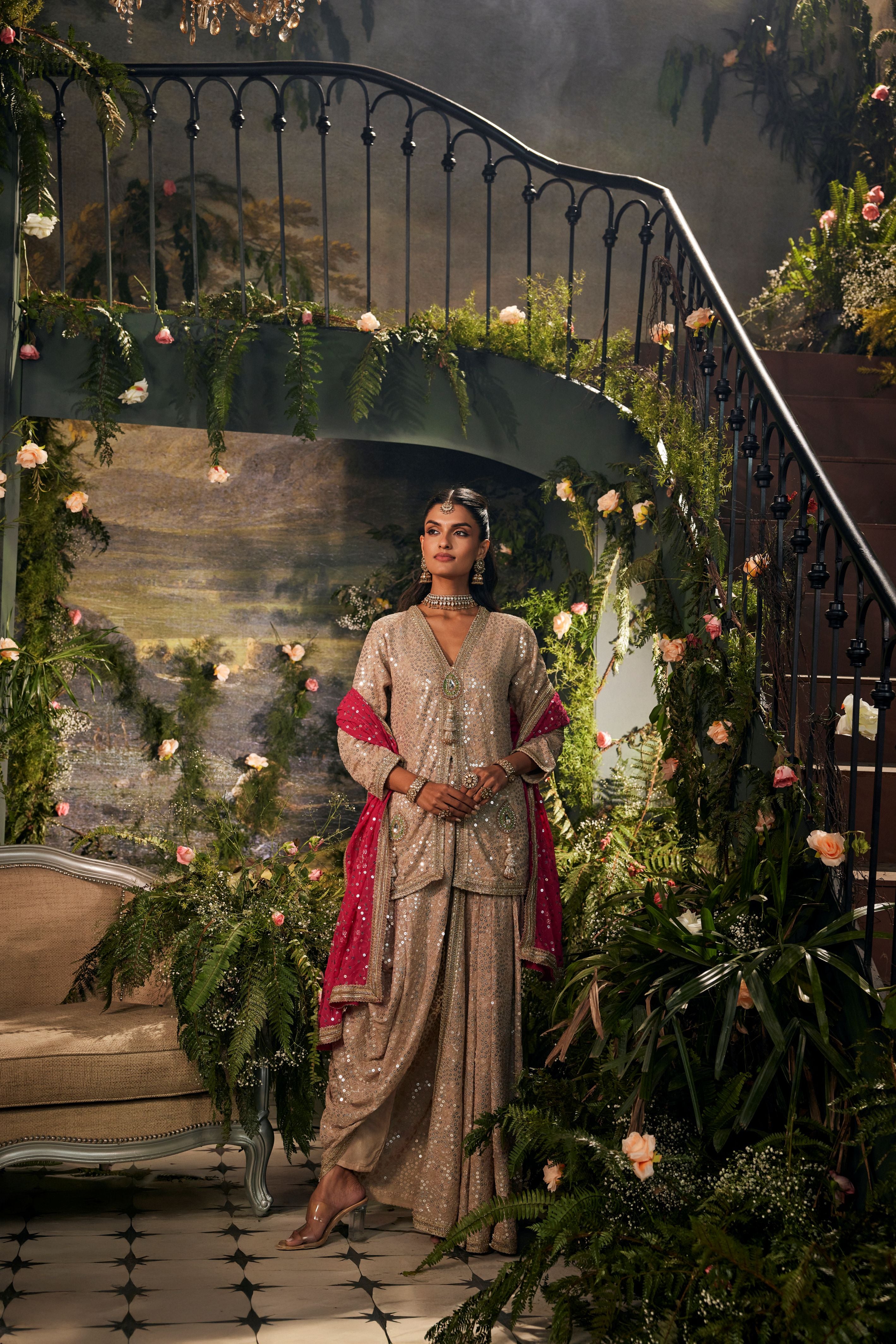 Meher Gulabi Embellished Georgette Silk Dhoti Pant Set