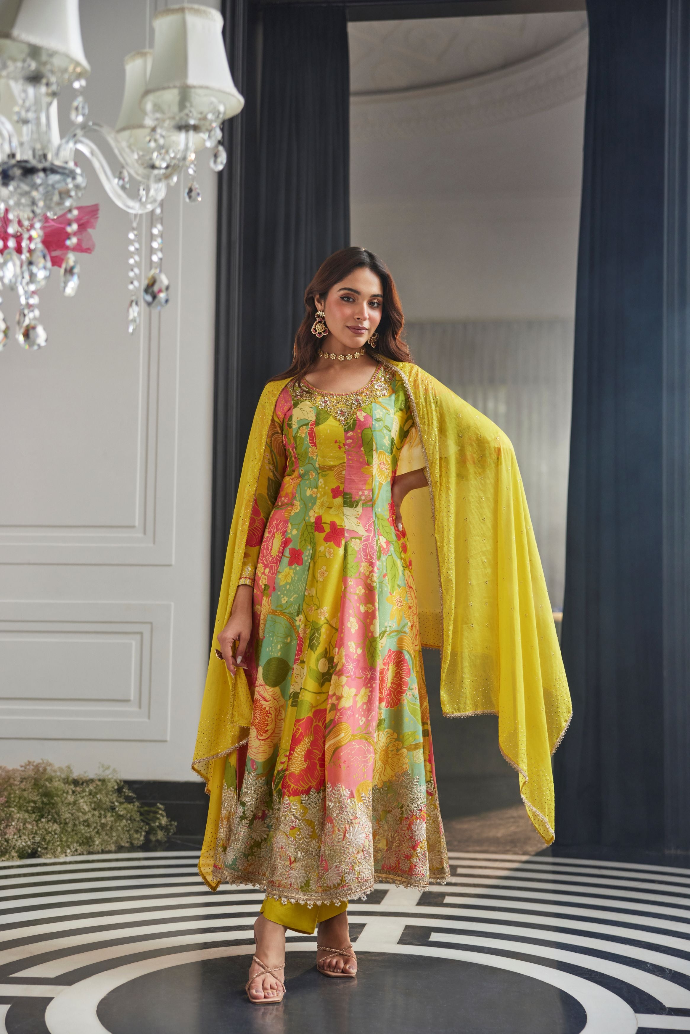 Floral Fusion Anarkali Set with Embellished Dupatta