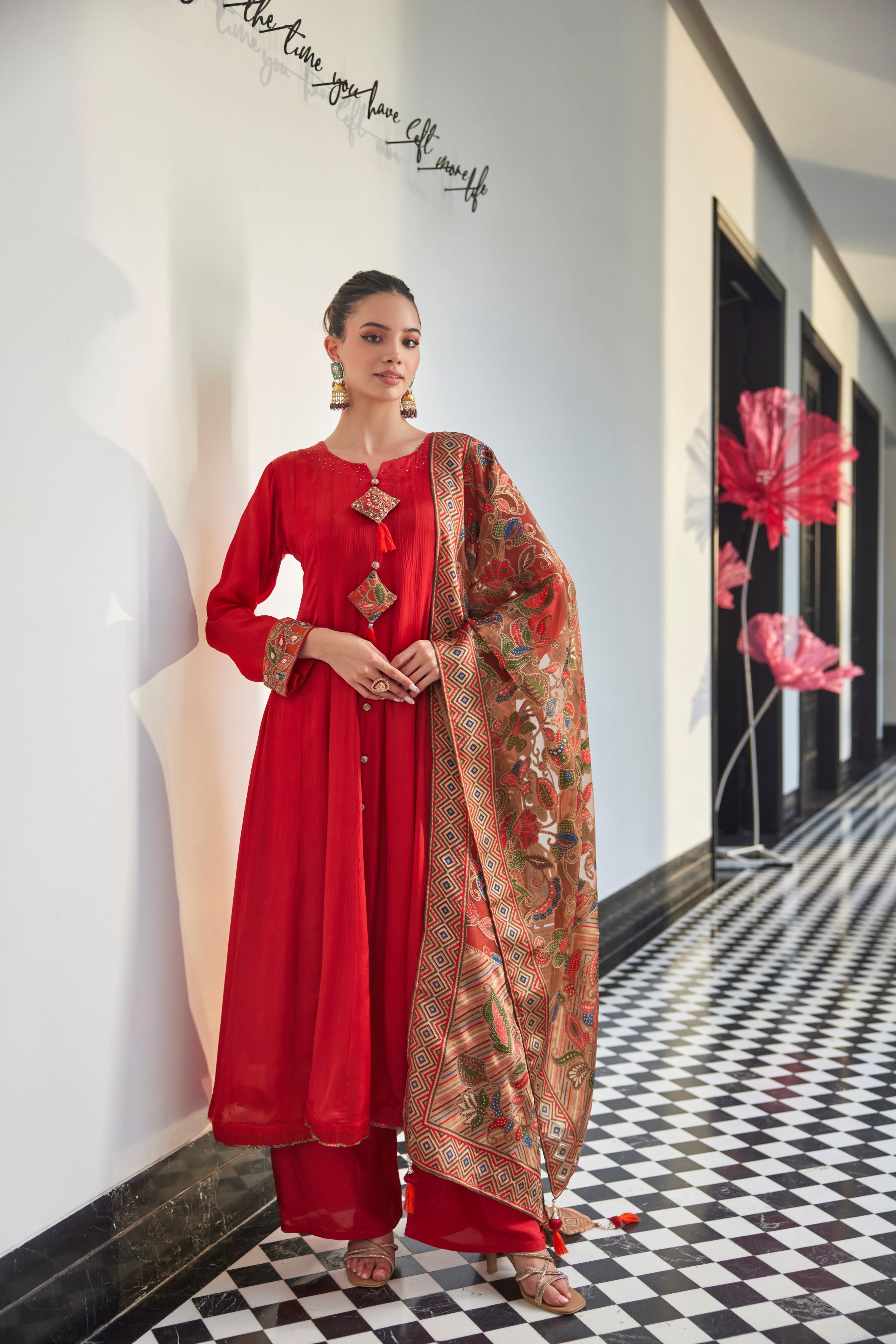 Orange Embellished Premium Silk Anarkali Set