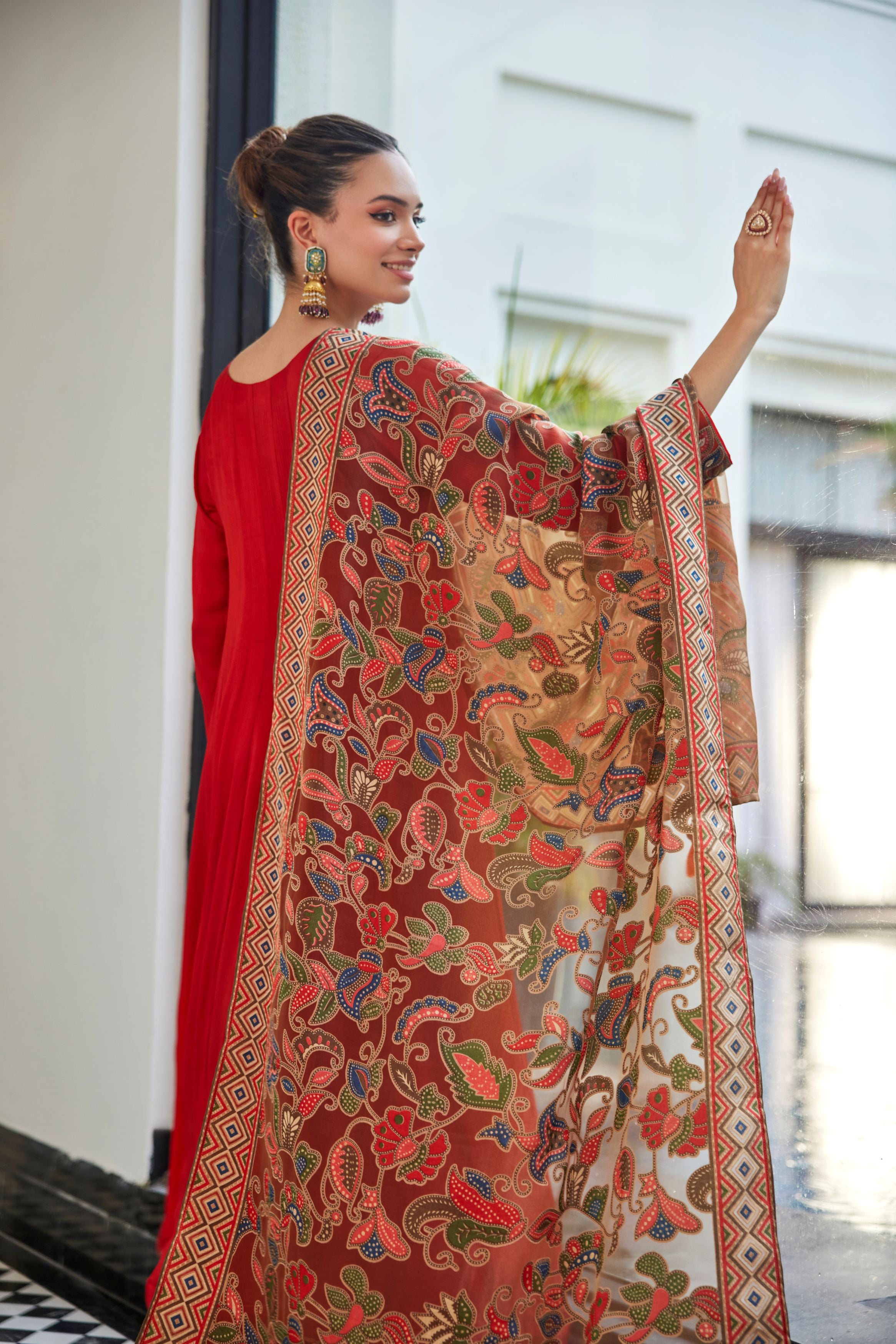 Orange Embellished Premium Silk Anarkali Set