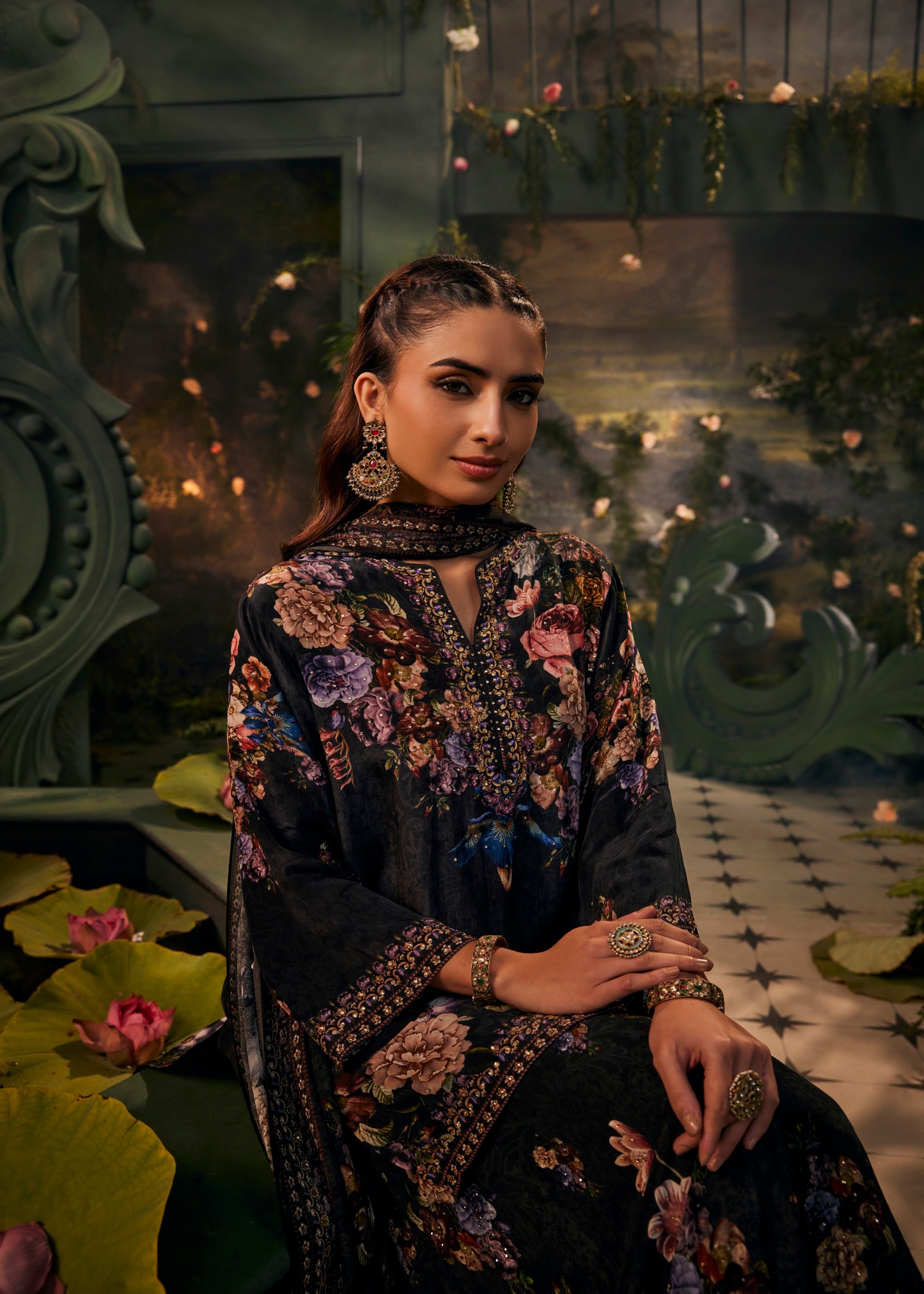 Midnight Black Floral Printed Crepe Silk Sharara Set