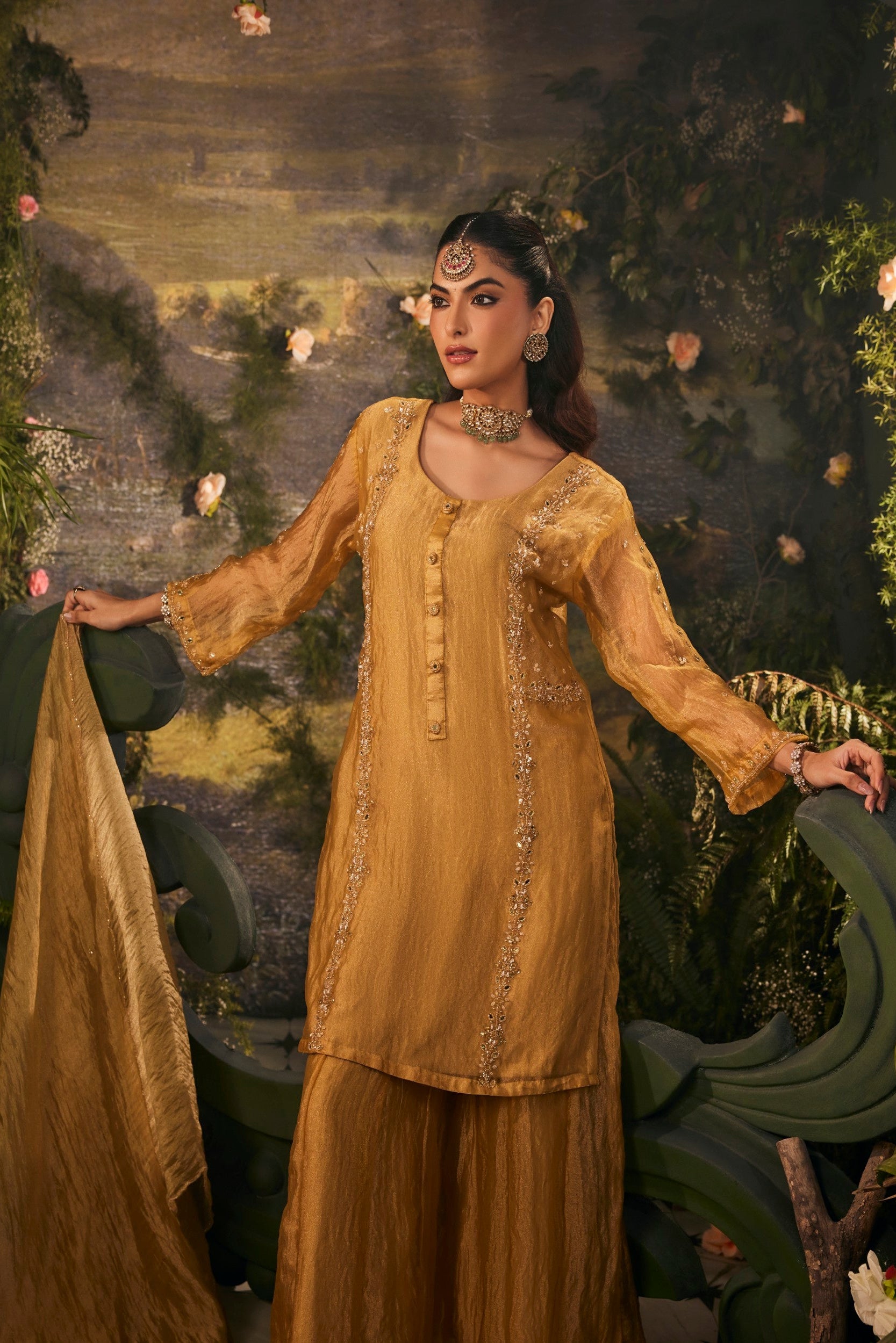 Meher Gold Embellished Shimmer Tissue Silk Palazzo Set