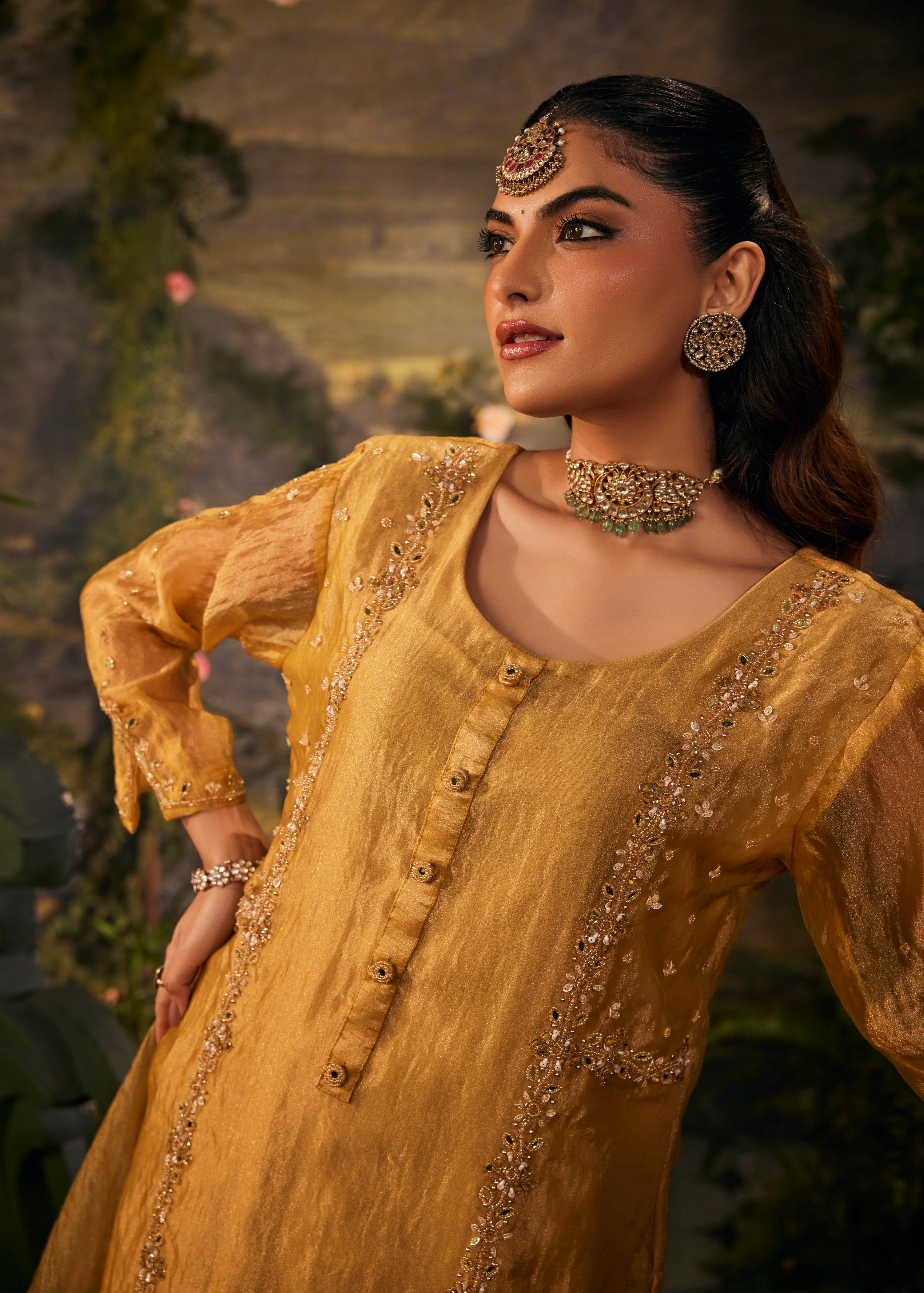 Meher Gold Embellished Shimmer Tissue Silk Palazzo Set