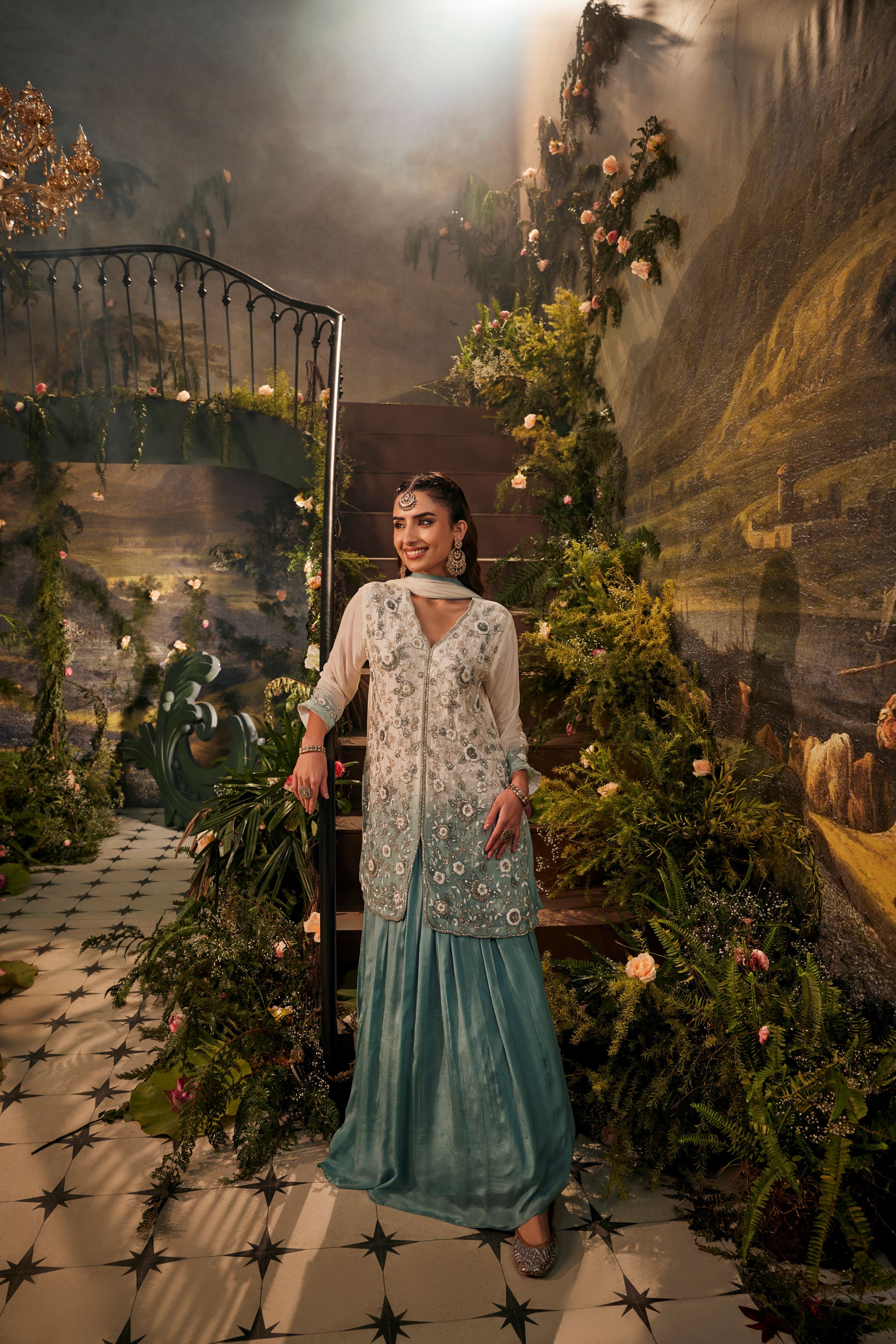 White Ombre Embellished Crepe Silk Palazzo Set