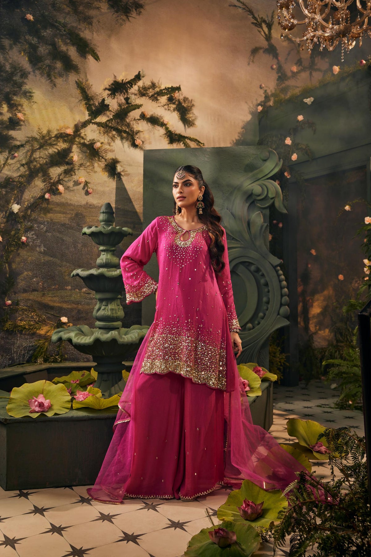 Magenta Gold Embellished Crepe Silk Palazzo Set