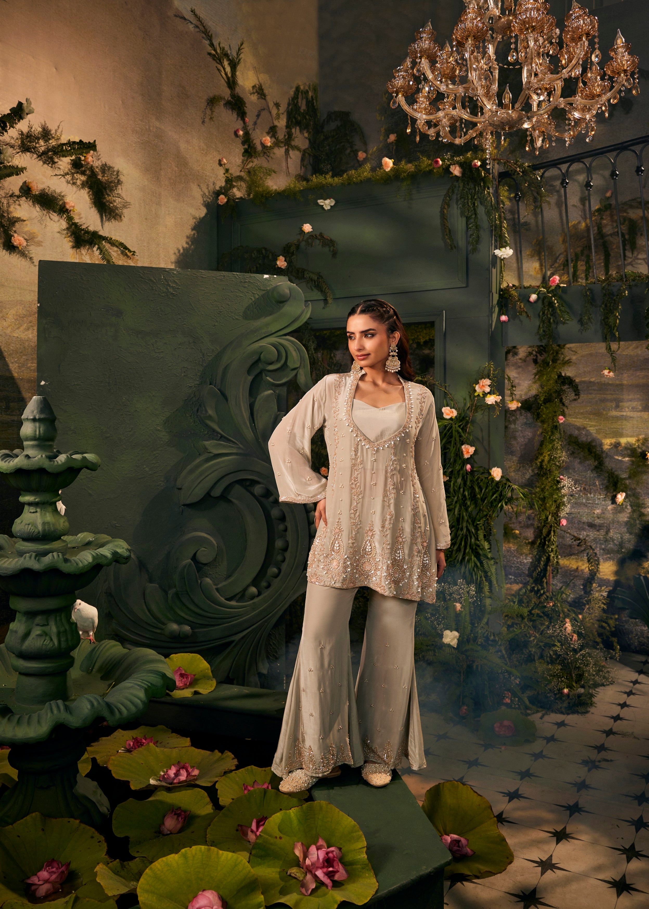 Grey Embellished Crepe Silk Palazzo Set