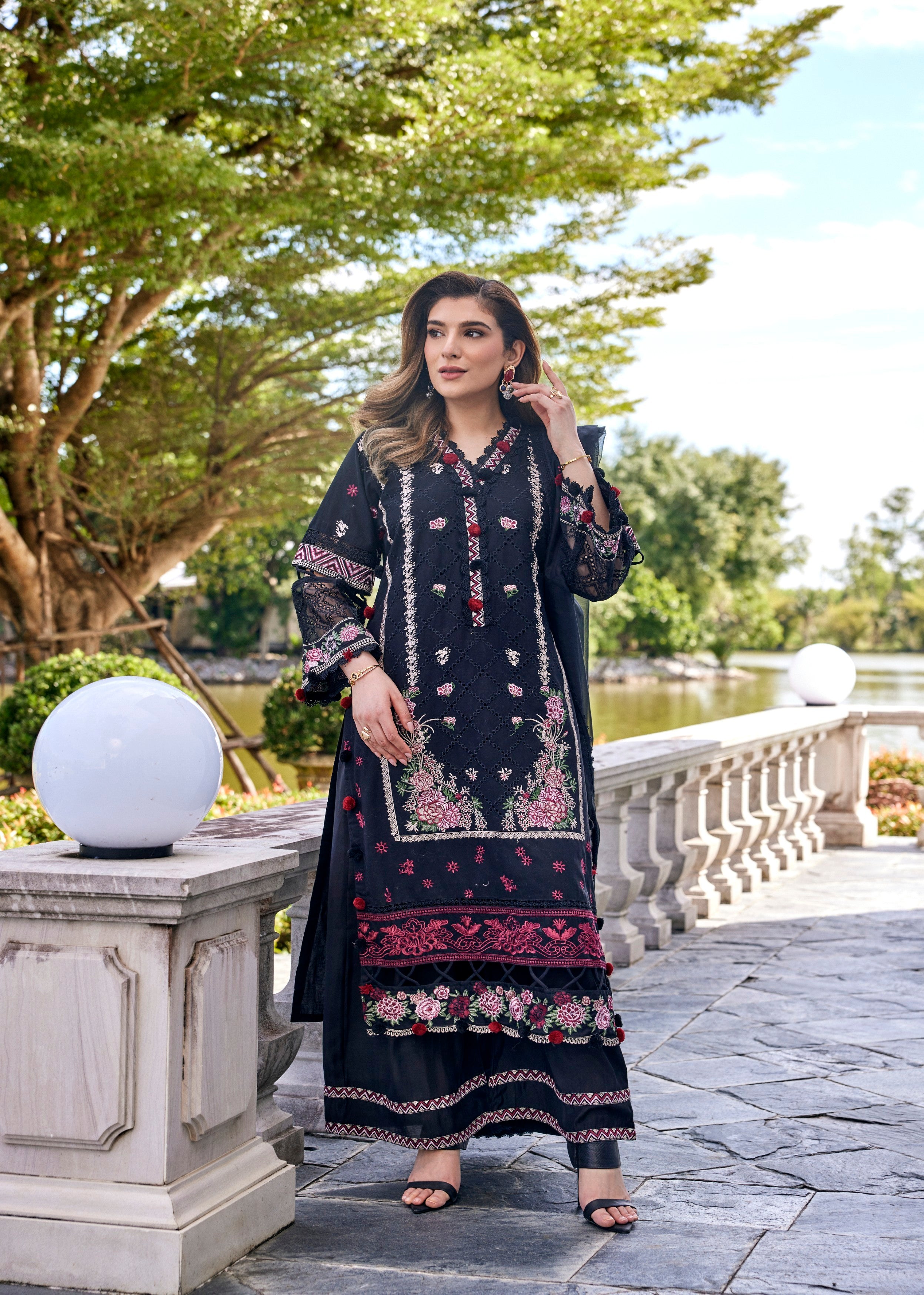 Black Floral Embroidered Premium Silk Palazzo Set