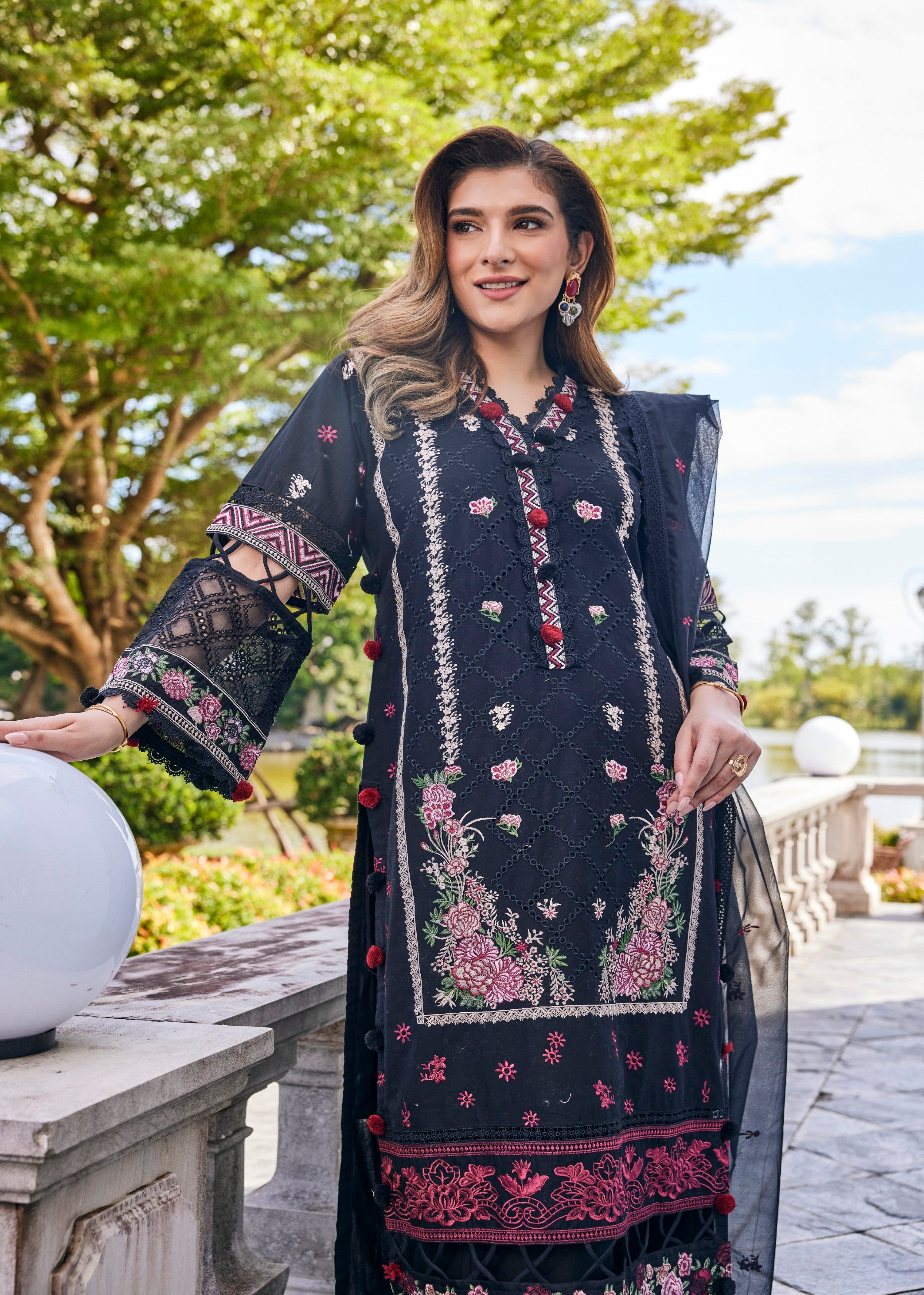 Black Floral Embroidered Premium Silk Palazzo Set