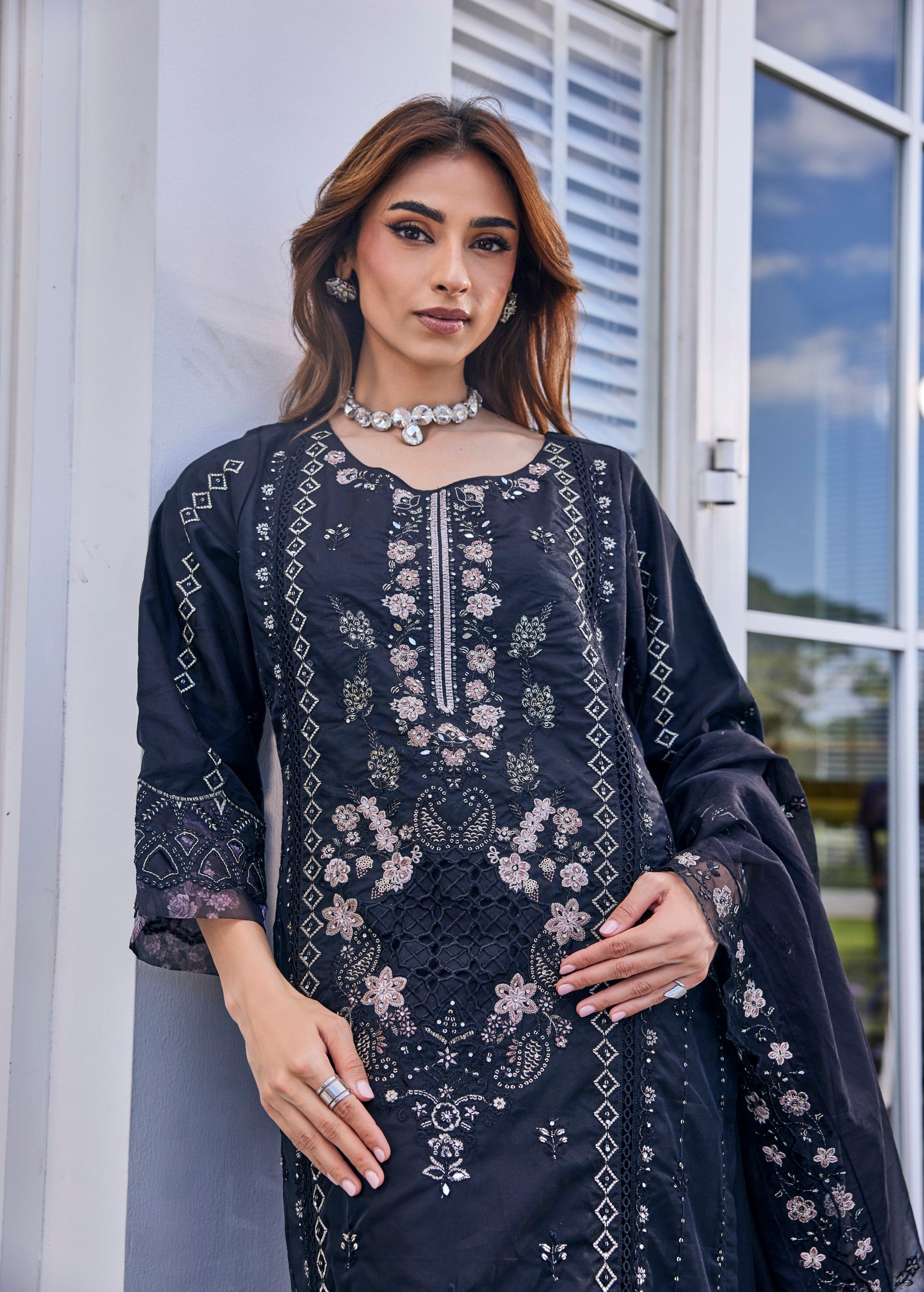 Jet Black Embroidered Organza Silk Palazzo Set