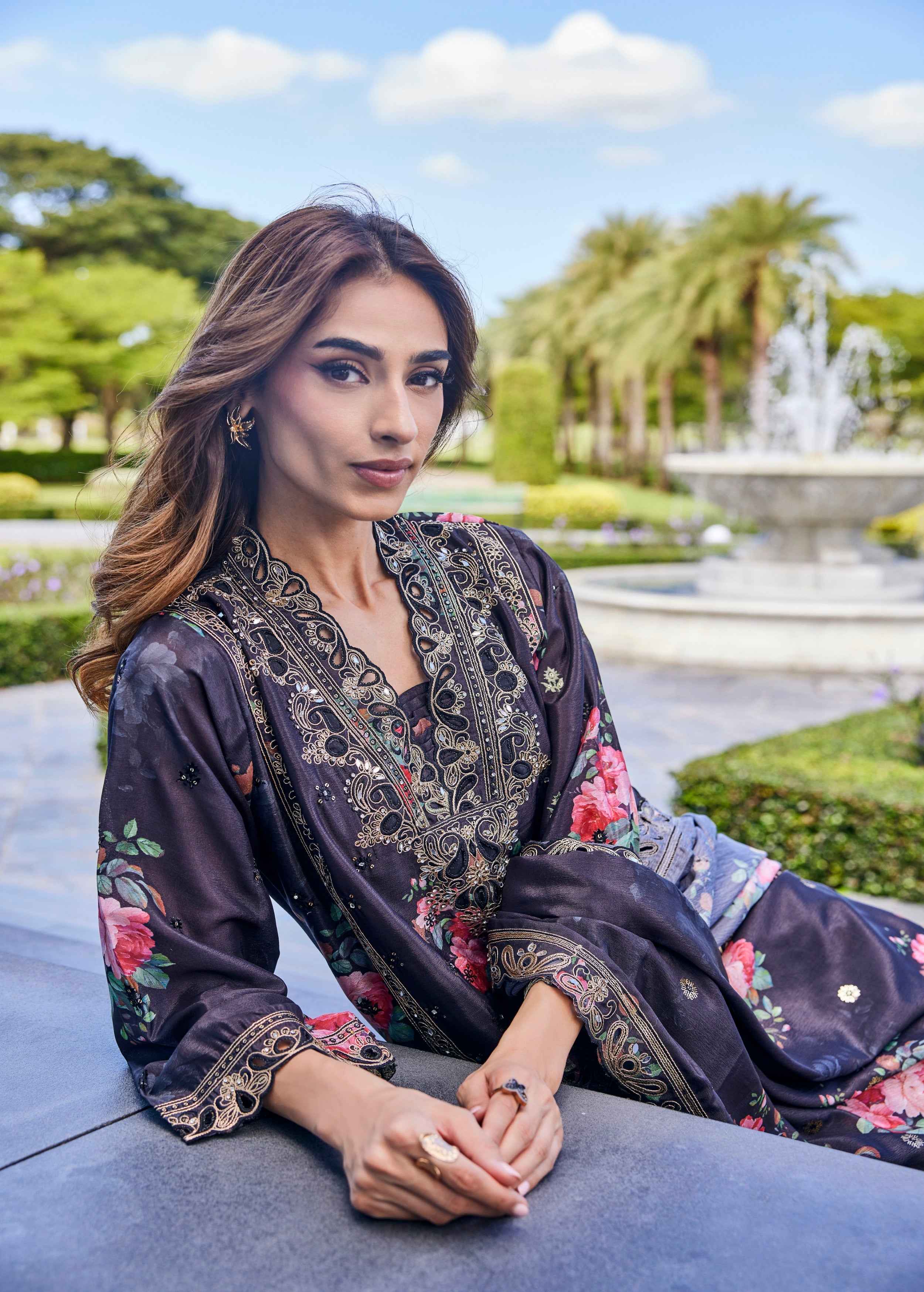 Smokey Black Embroidered Organza Silk Palazzo Set