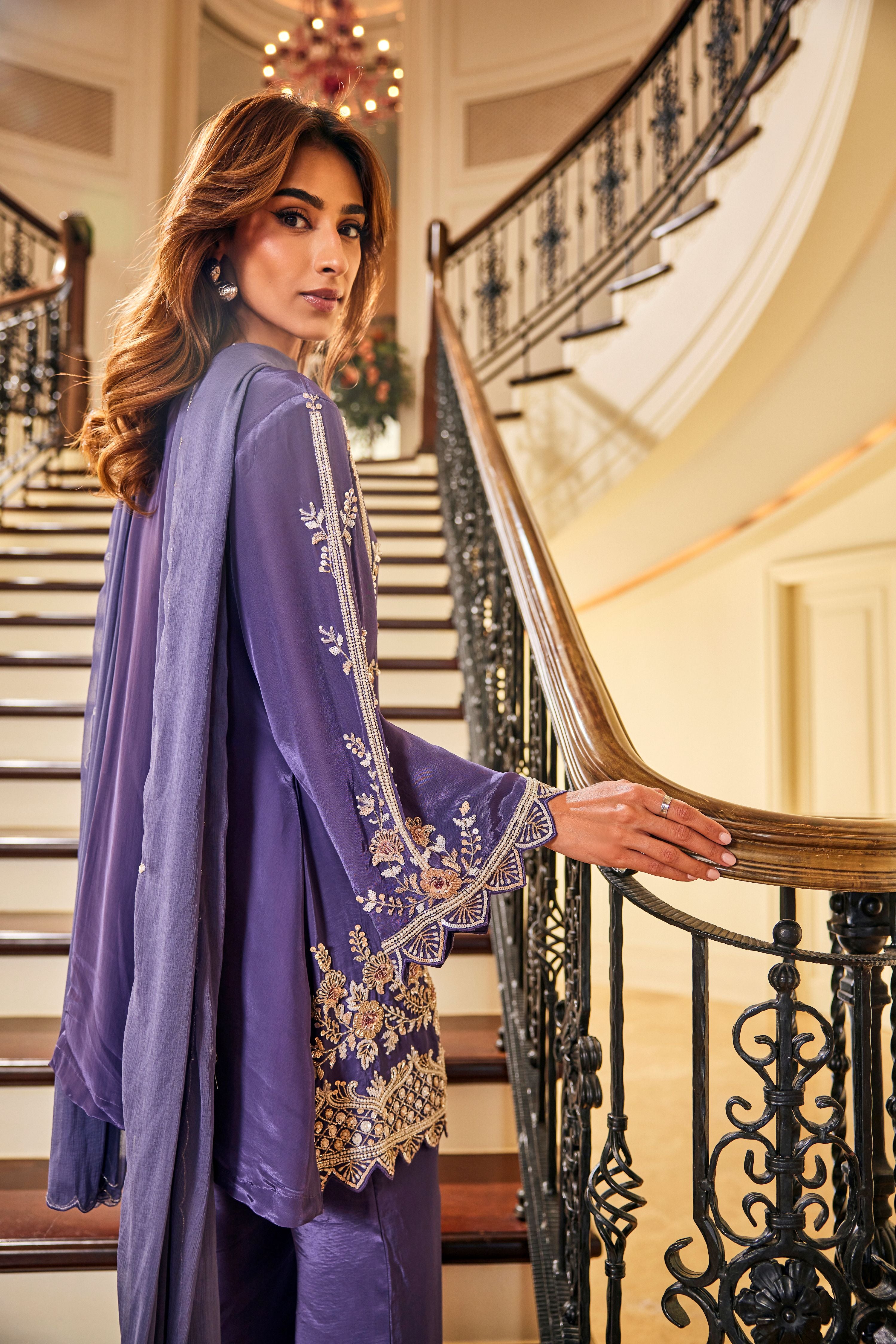 Orchid Purple Embellished Crepe Silk Palazzo Set