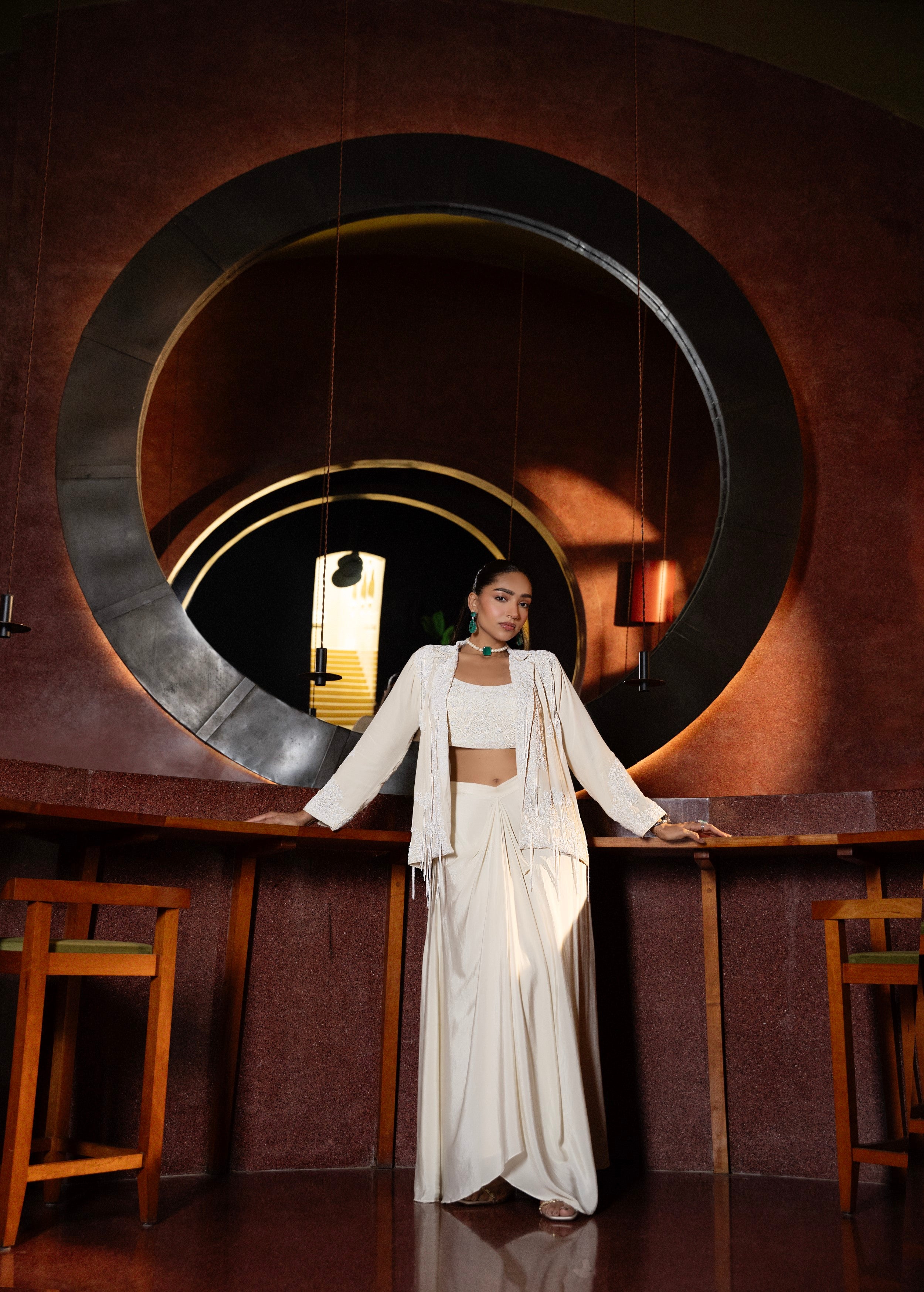 Pearl White Embellished Crepe Silk Skirt Jacket Set