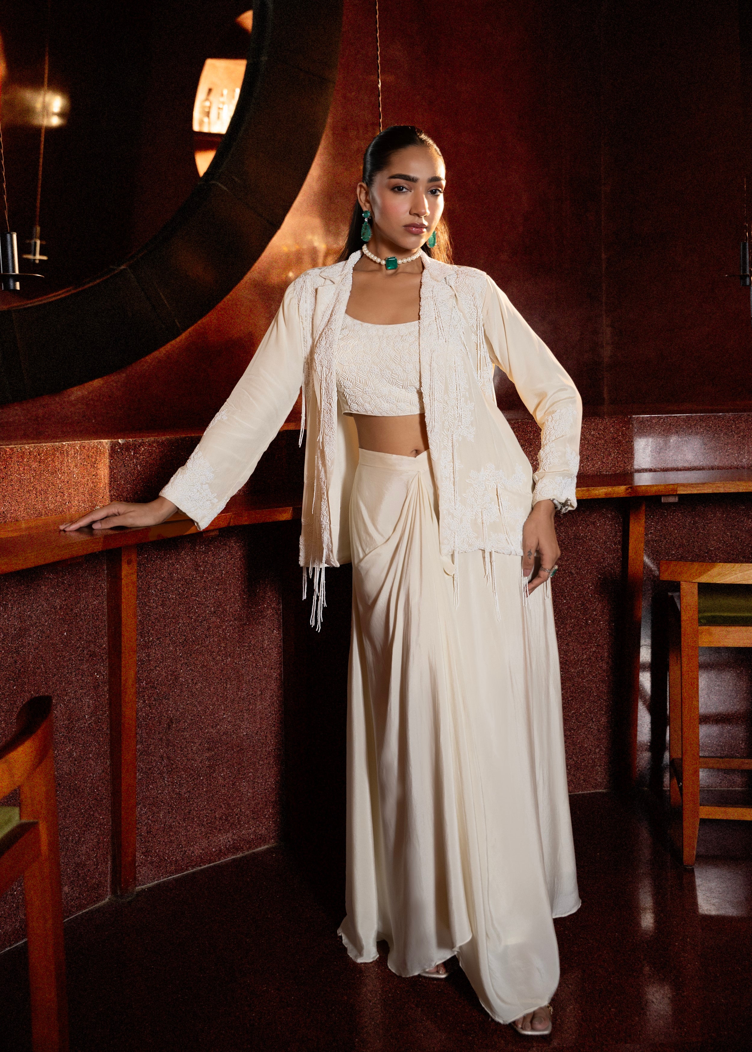 Pearl White Embellished Crepe Silk Skirt Jacket Set