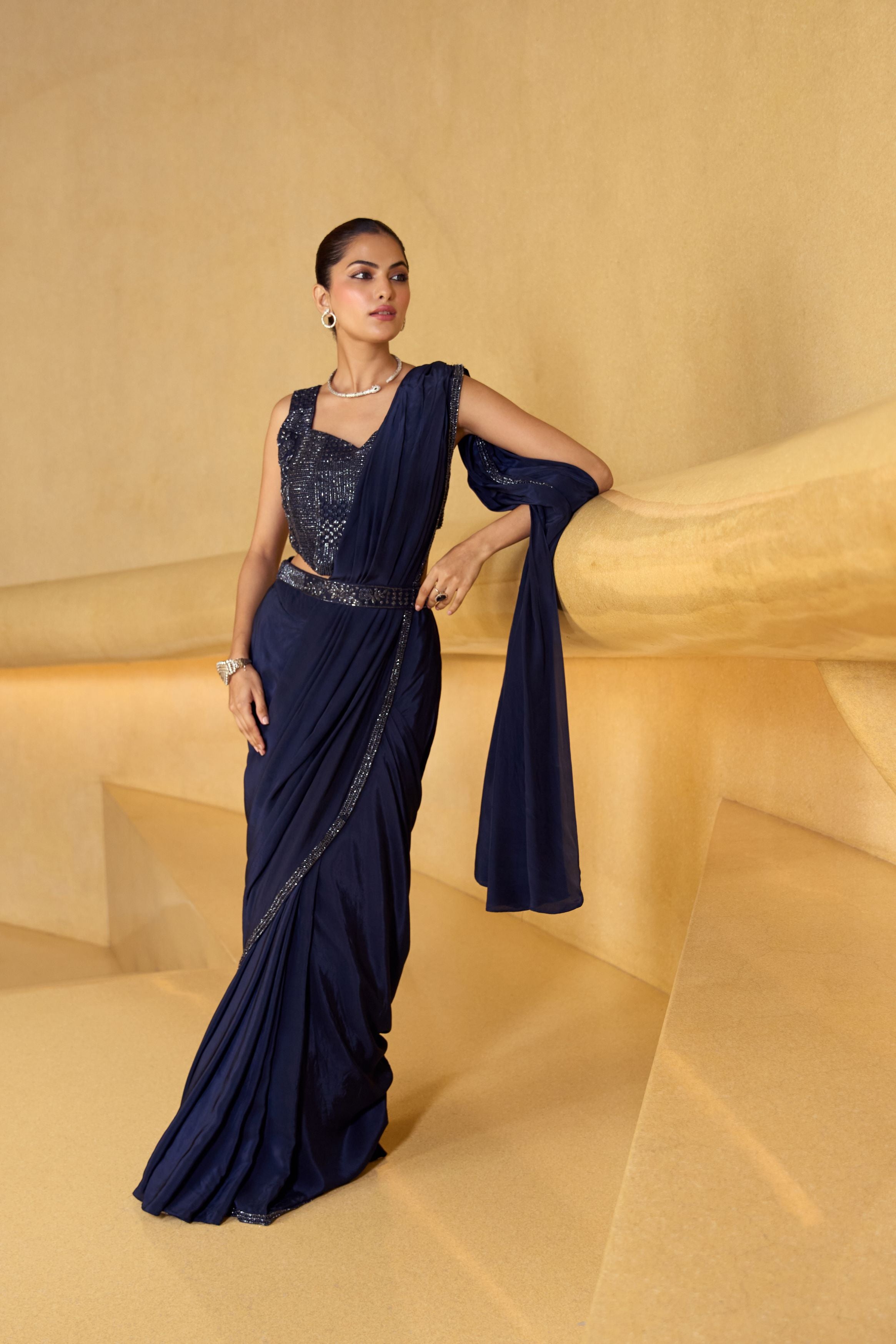 Midnight Blue Embellished Satin Silk Drape Saree