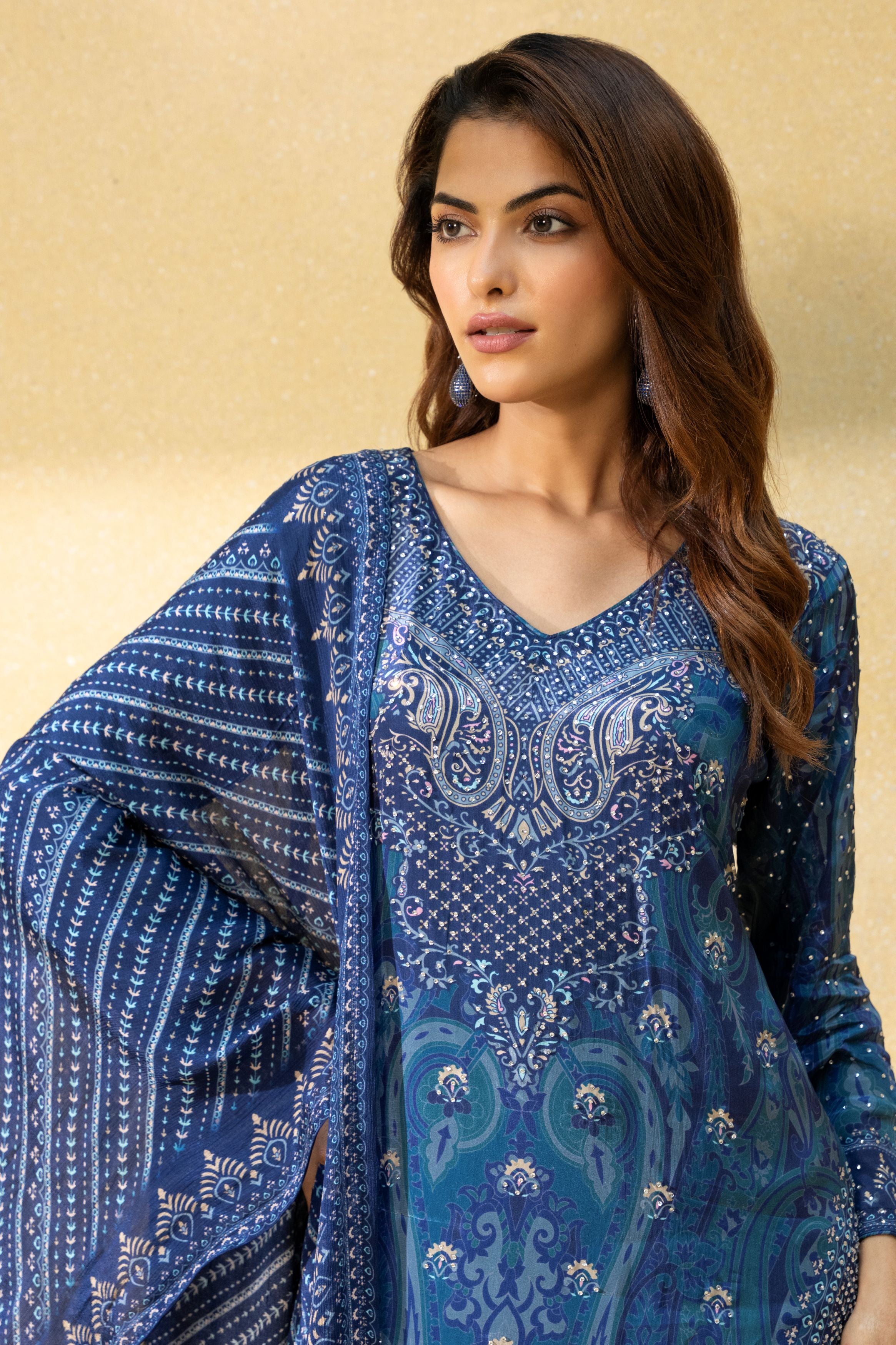 Blue Printed Crepe Silk Palazzo Set
