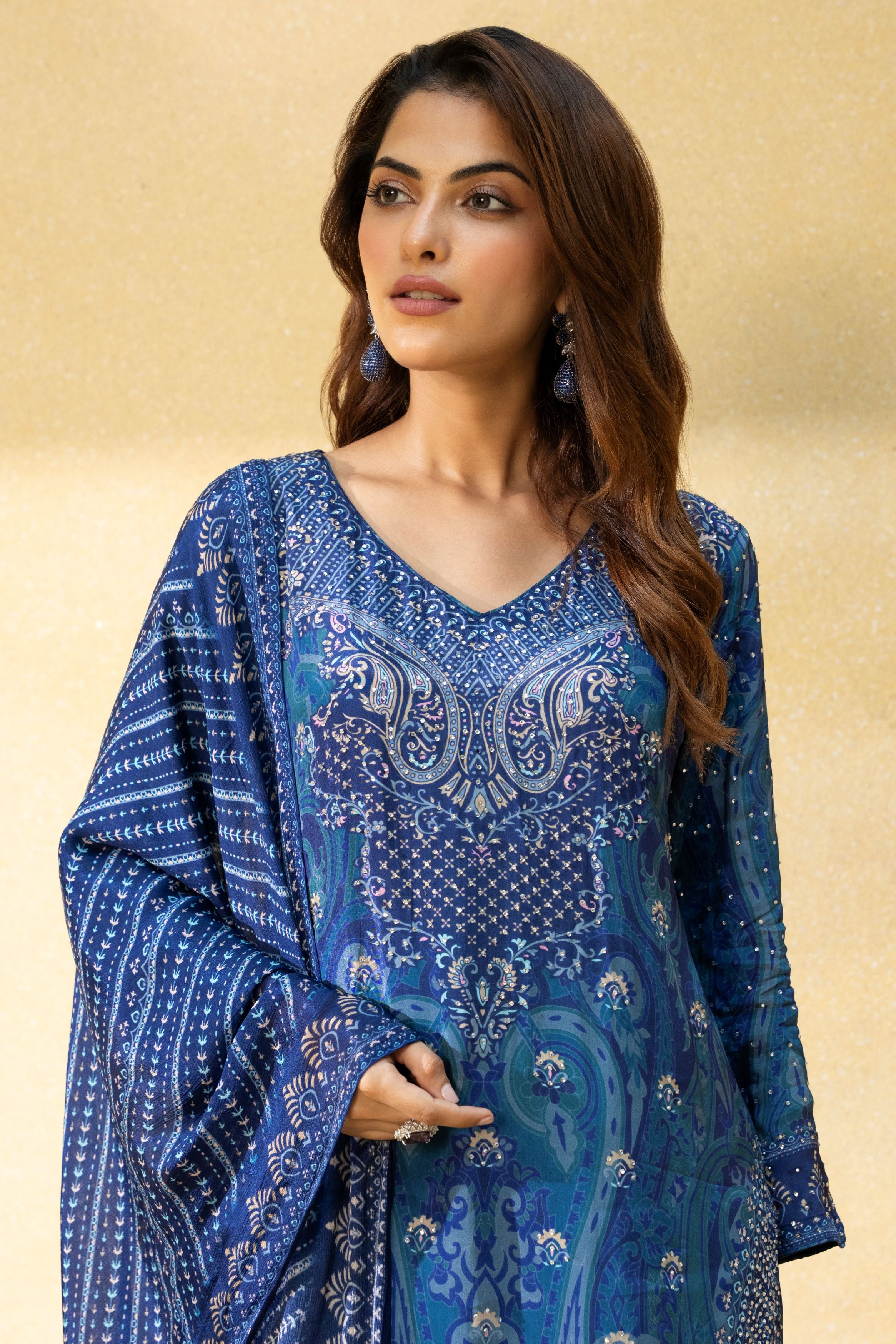 Blue Printed Crepe Silk Palazzo Set