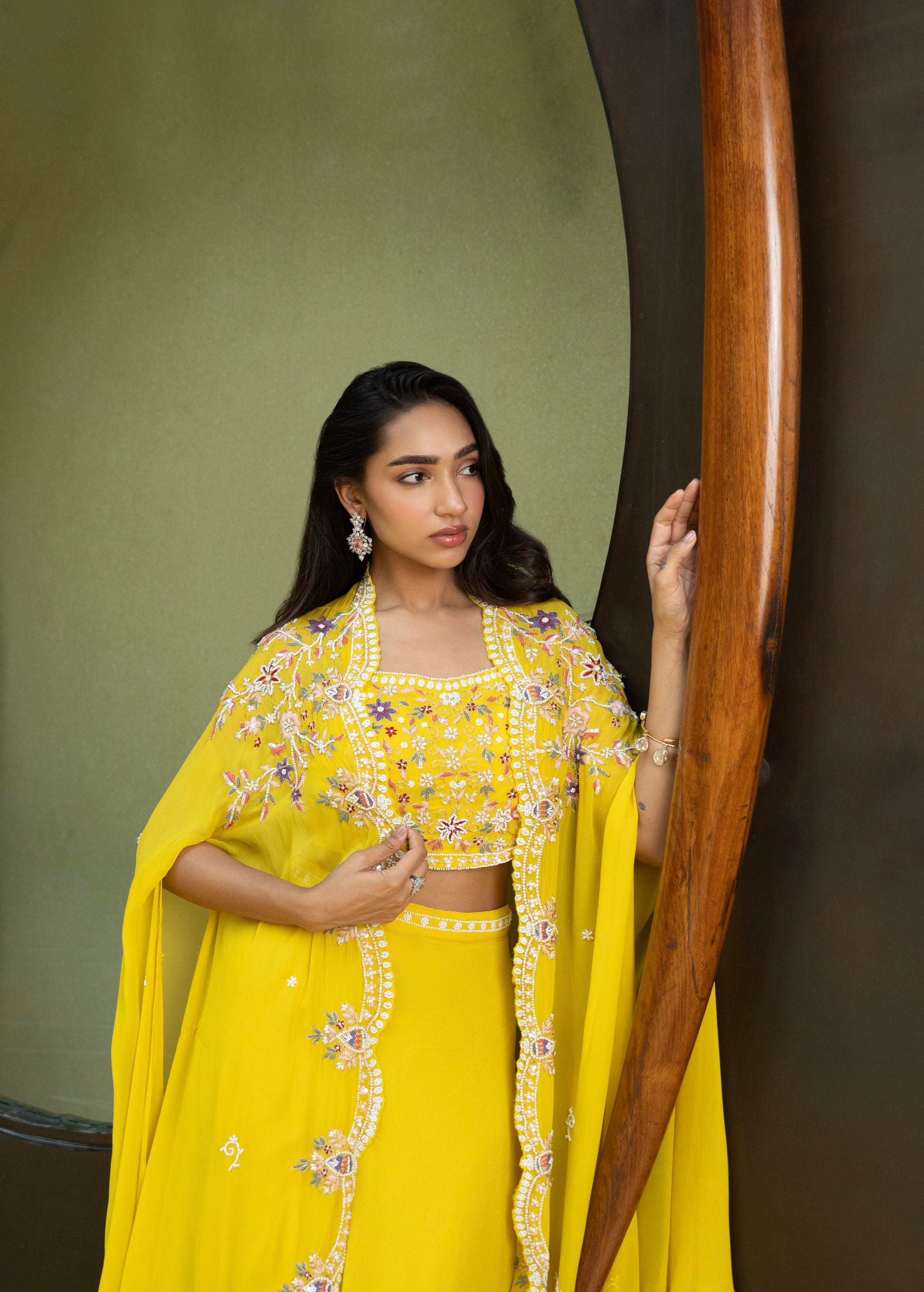 Marigold Embellished Georgette Silk Cape Set