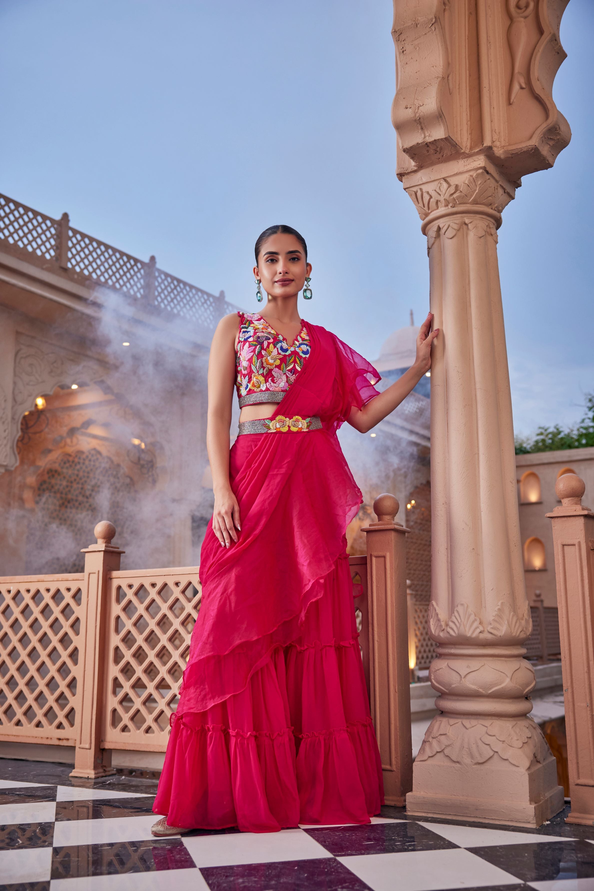 Pink Embroidered Premium Georgette Silk Draped Saree