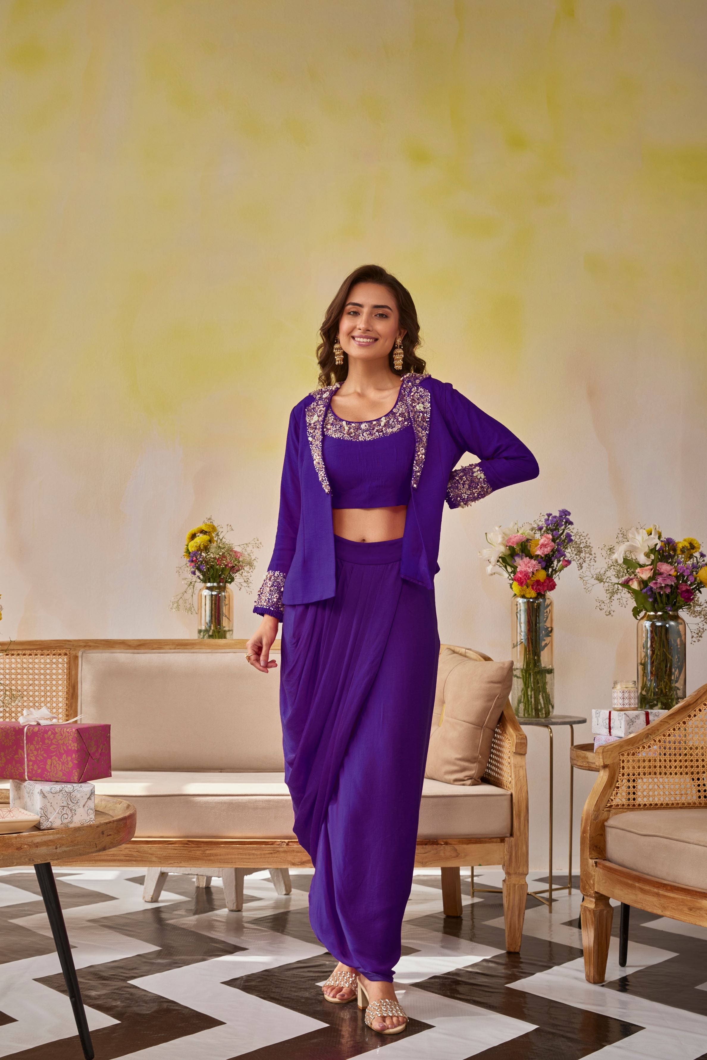 Purple Embellished Raw Silk Jacket & Skirt Set