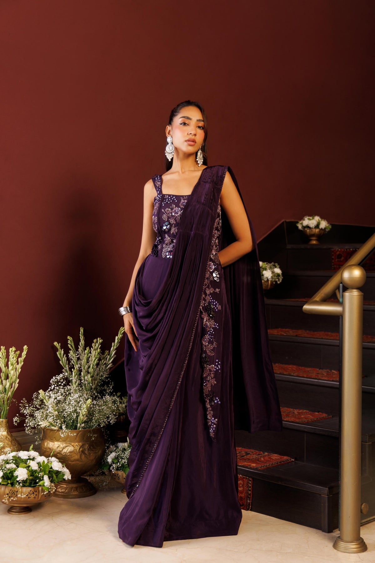 Royal Plum Crepe Satin Silk Gown