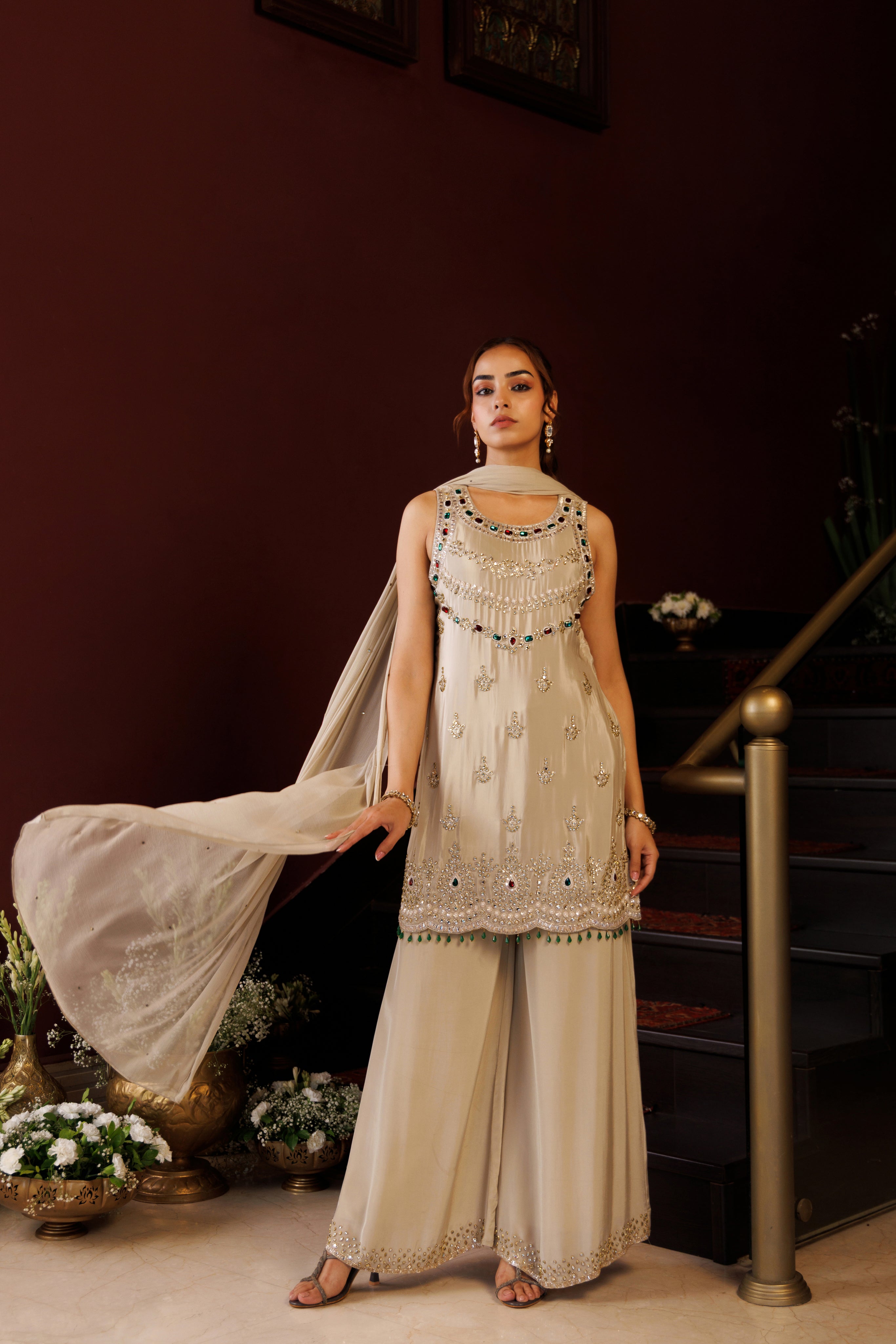 Sand Gleam Embellished Crepe Silk Palazzo Set