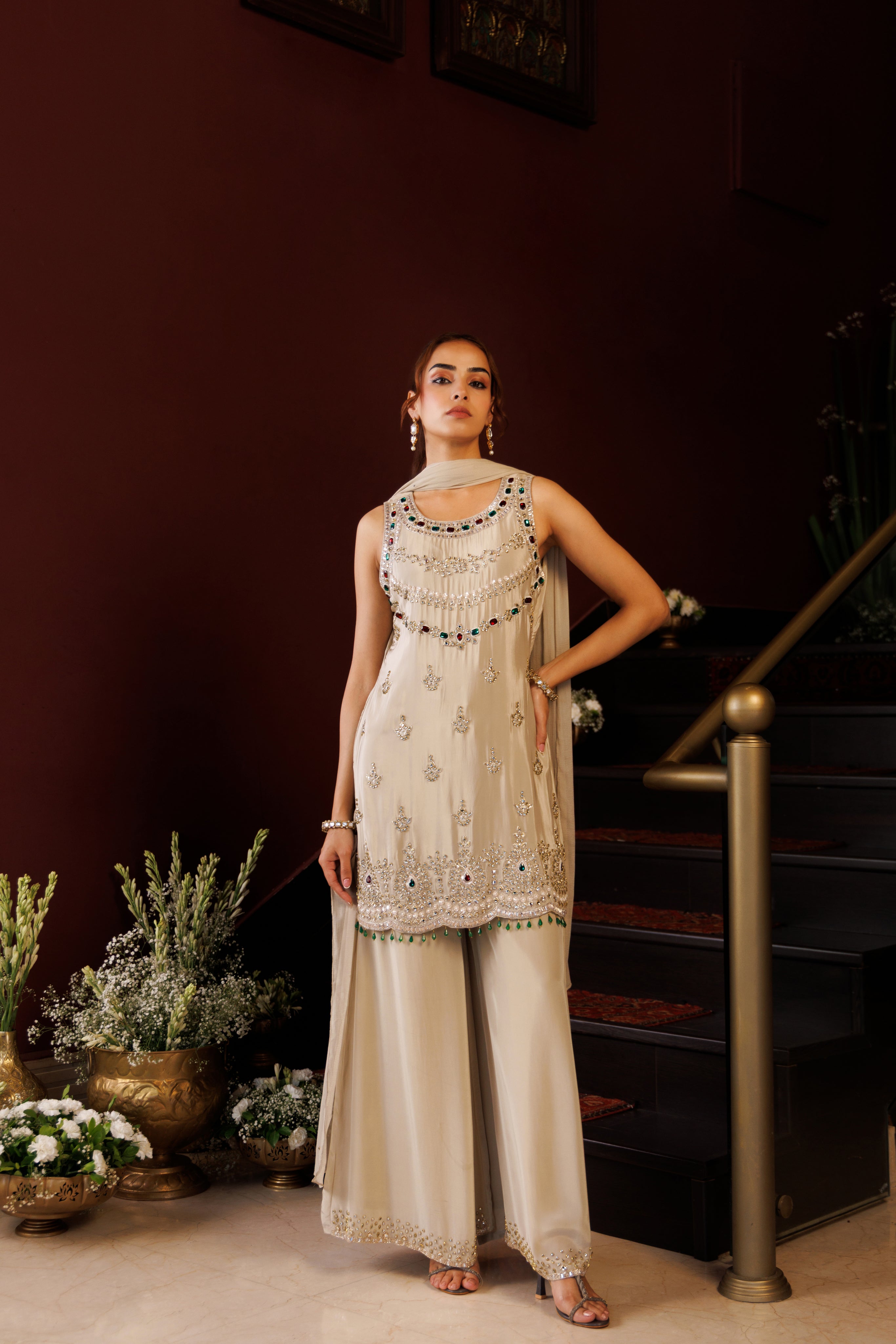 Sand Gleam Embellished Crepe Silk Palazzo Set