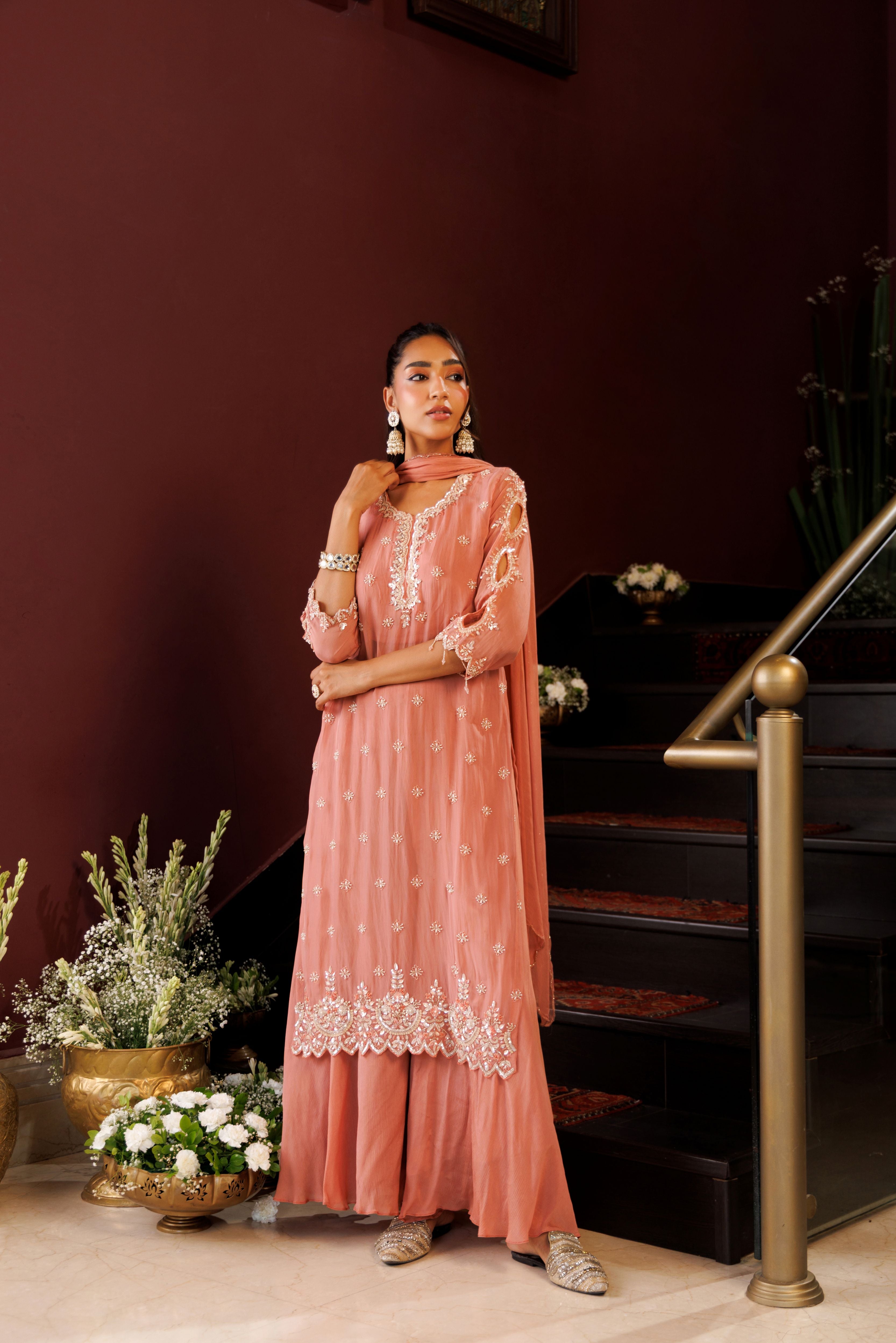 Royale Peach Embellished Organza Silk Palazzo Set