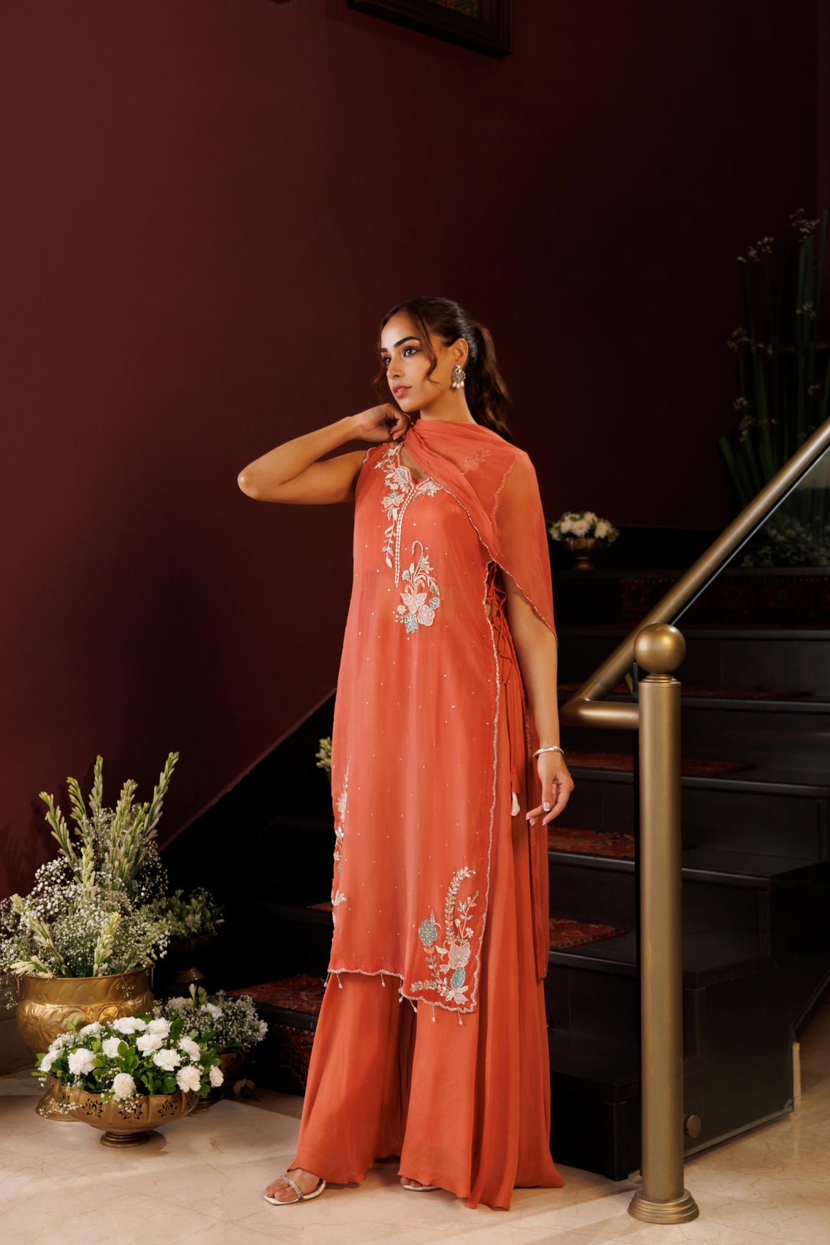 Rust Coral Embellished Chinon Silk Palazzo Set