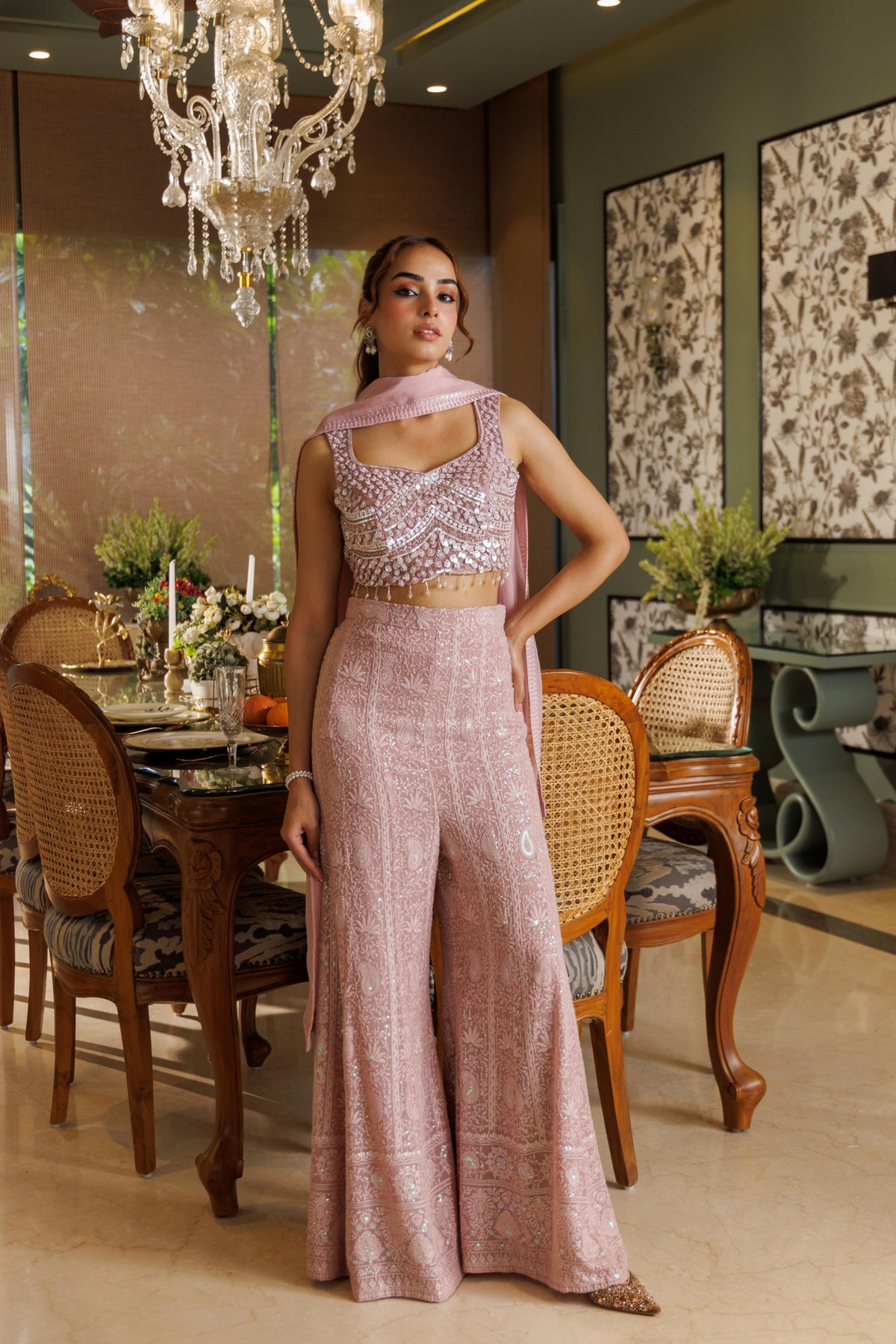 Dusty Blush Pink Embellished Georgette Silk Palazzo Set