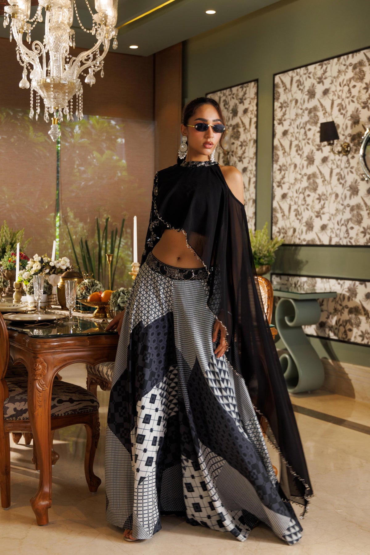 Rich Black Embellished Georgette Silk Palazzo Set