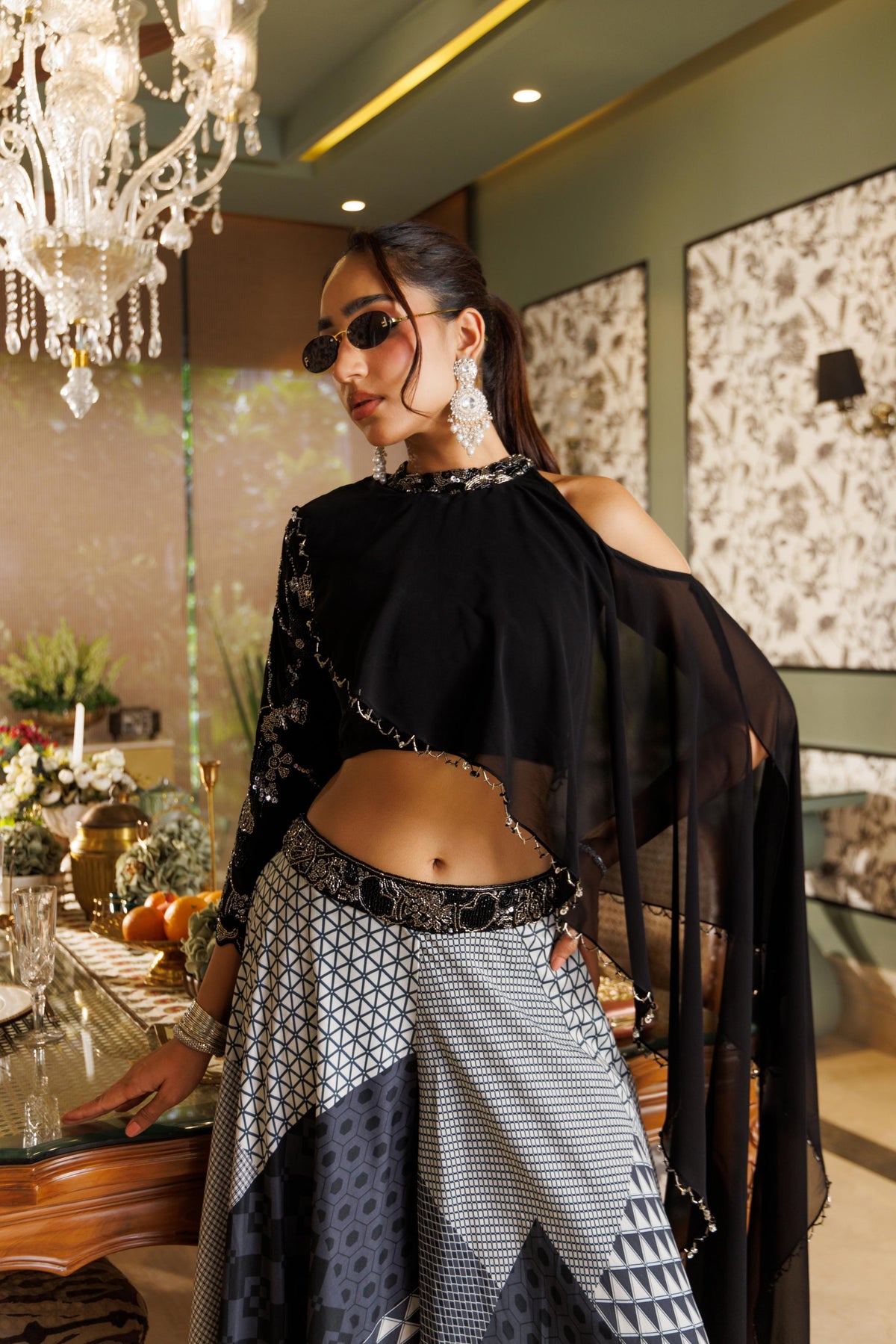 Rich Black Embellished Georgette Silk Palazzo Set